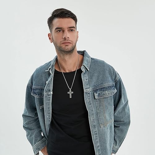 Miniatura 5 de YAMI Cross Necklace for Men, Silver Plated Cross Pendant Necklace Inspirational Faith Gift for Men 24 inches Chain (Silver)