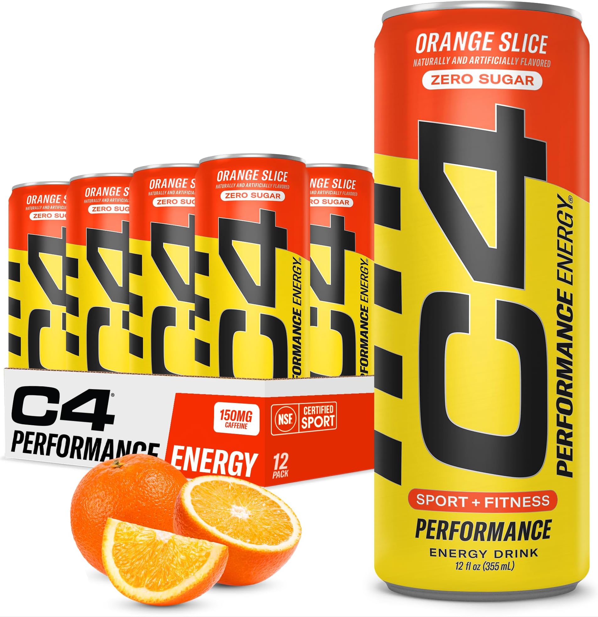 C4 Performance Energy Drink | Zero Sugar Carbonated Preworkout Energy | 150mg Caffeine with Beta Alanine | Orange Slice | 12 Fl Oz (12 Pack)