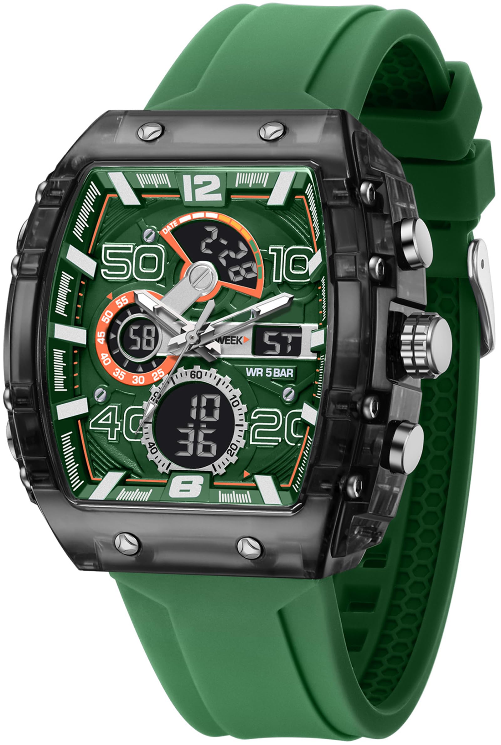 findtime Reloj digital para hombre, rectangular, deportivo, digital, analógico, cronómetro, militar, para niños, para exteriores, 5 ATM, resistente al agua, deportiva