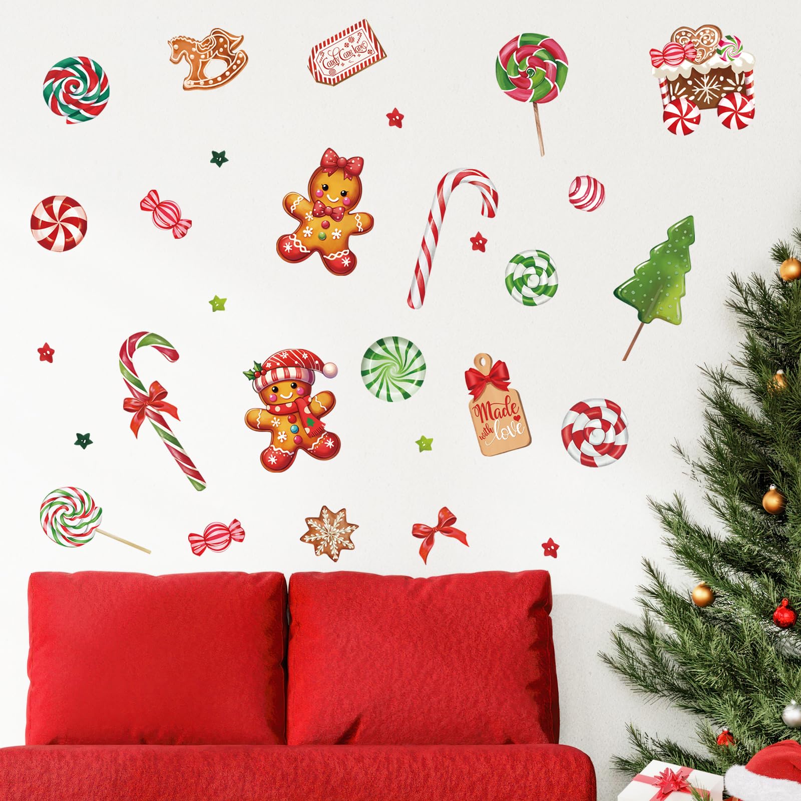 FUFUQUARE Gingerbread Man Wall Stickers Christmas Red and Green Candy Cookie Wall Art Decals PVC Peel and Stick Xmas Decoration for Home Kitchen Festival Party