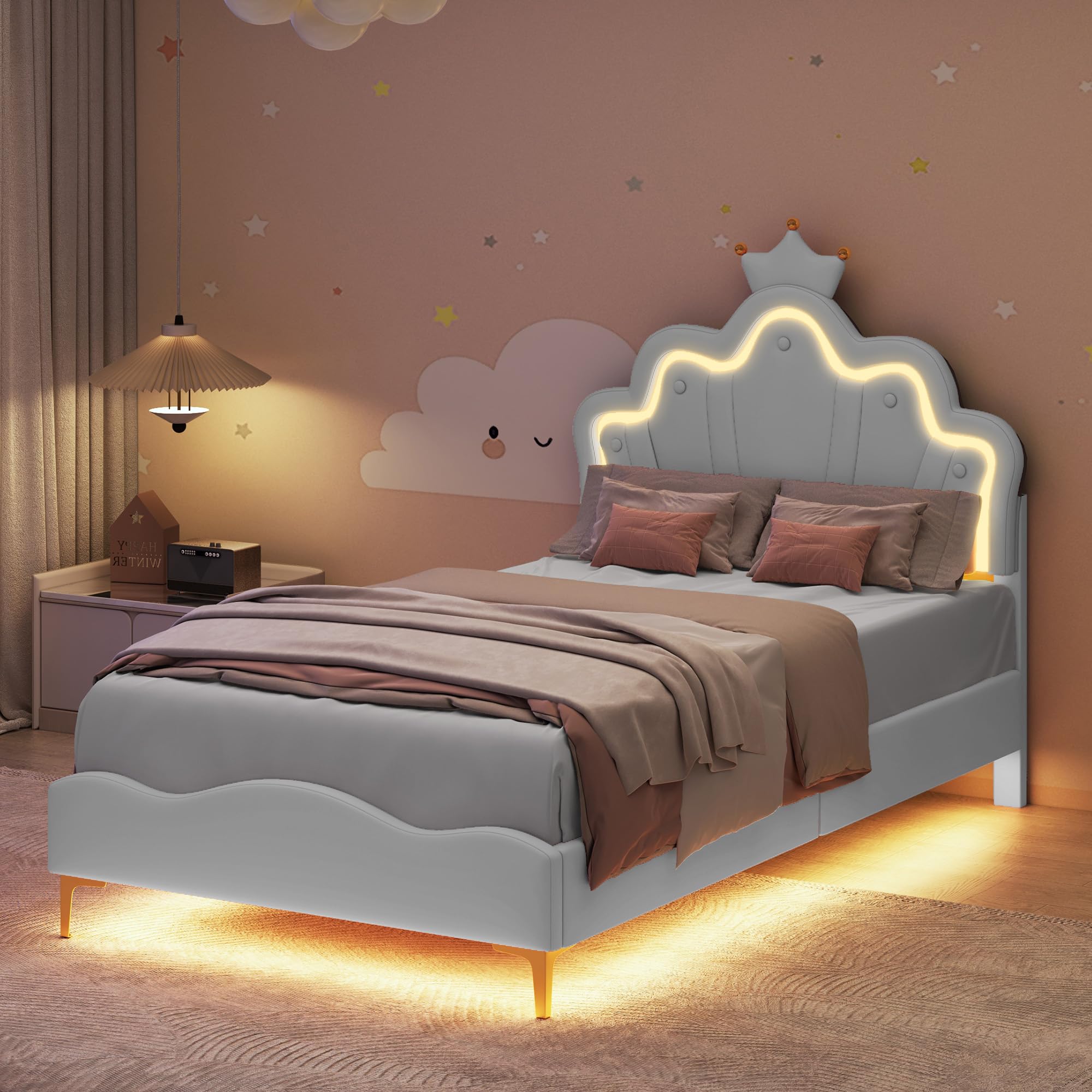 90 x 200 cm cama doble plana de princesa en forma de corona, suave acolchado de piel sintética (blanco+poliuretano (1) + poliuretano, 90 x 200 cm