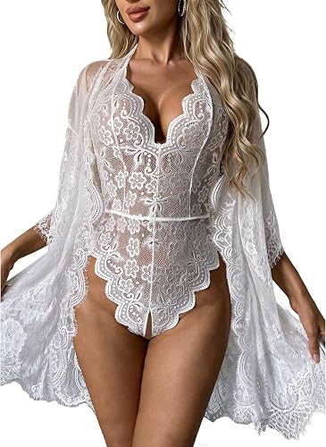 Avidlove Women 2 Piece Lingerie Set Lace Robe Deep V Backless Bodysuit | Soft Lace Robe, Adjustable Straps, Deep V-Neck & Backless,high-Cut Legs Elongate Bodysuit,Wedding Night/Honeymoon/Valentine