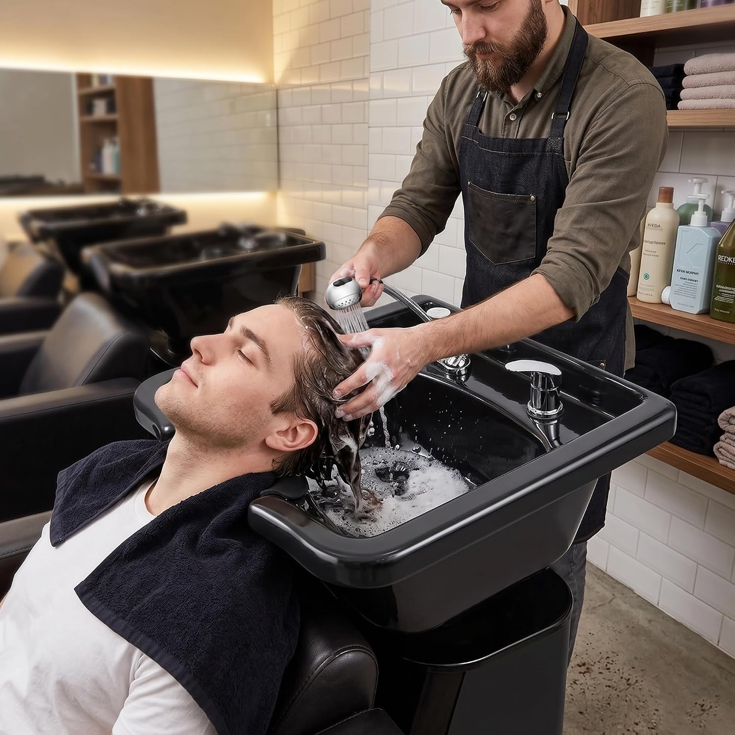 Professional Shampoo Bowl for Salons, Black ABS Plastic Shampoo Sink with Faucet for Hair Salons, Barber Stores, Beauty Salons and Home Use