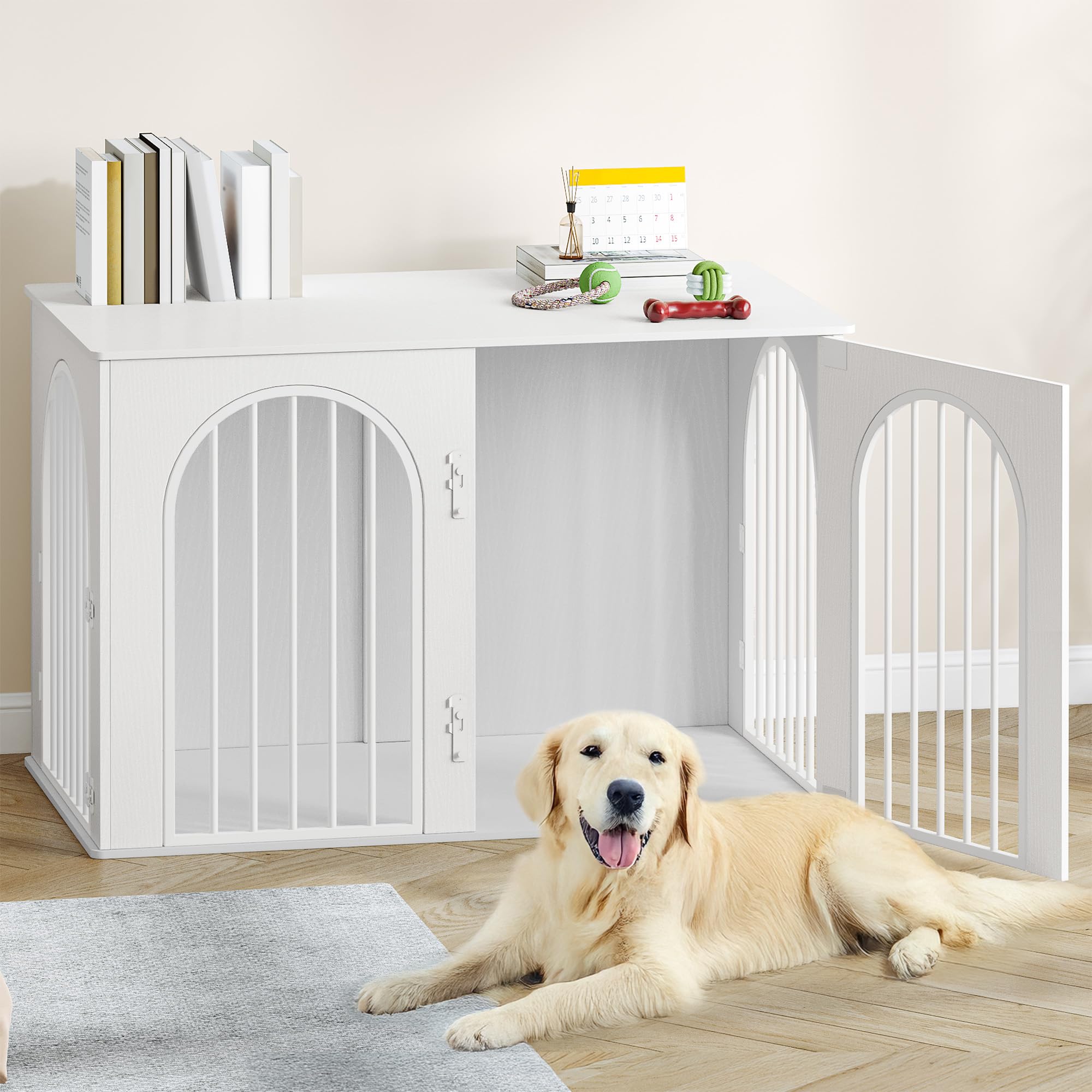 Hzuaneri 108 cm Jaula para Perros, Mesa Auxiliar, Casa Moderna para Perros, Jaula Perro Grande para Casa de Madera, Dúplex para Animales, 3 Puertas, Puerta Arqueada, 64 x 108 x 76 cm, Blanco The Forest Stewardship Council