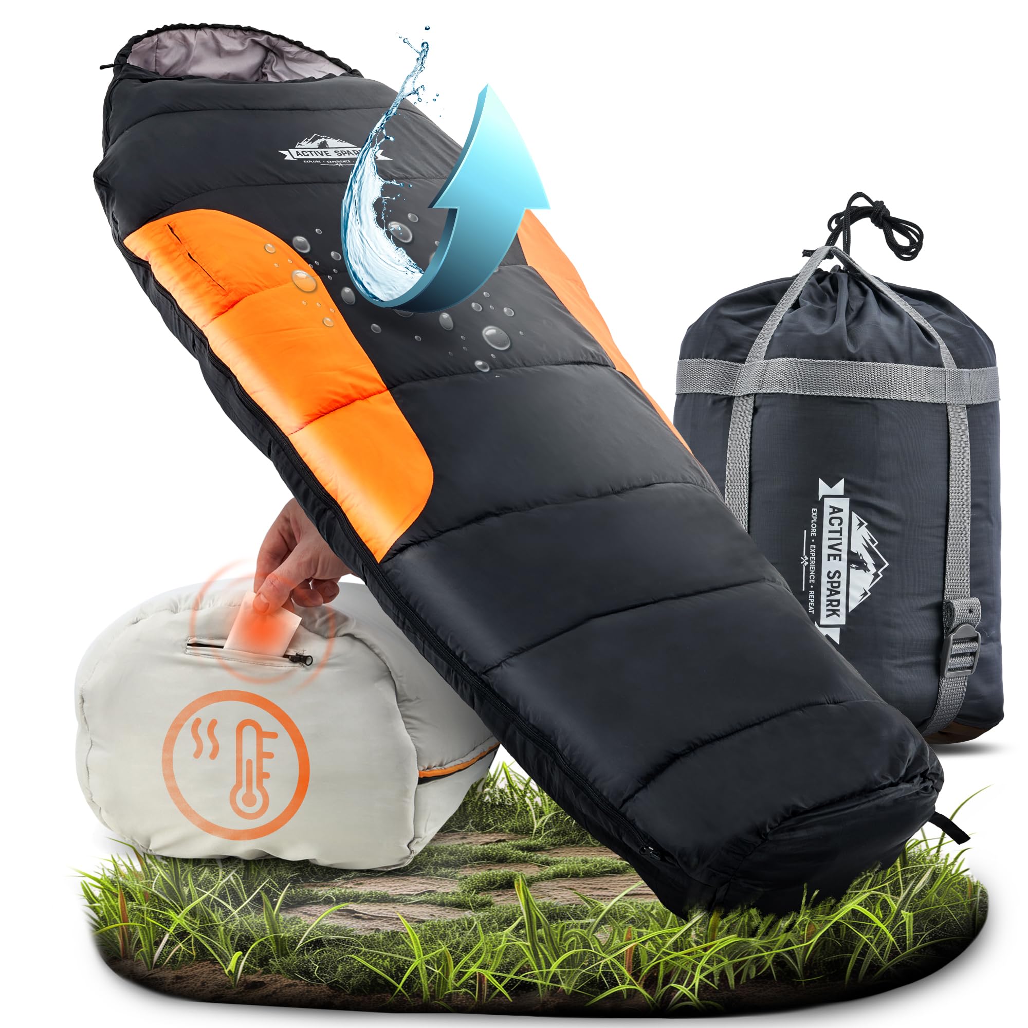 Schlafsack Winter - 3 Jahreszeiten & Sommer, Wasserabweisend & Atmungsaktiv, Nie mehr kalte Füße Dank Taschenwärmer-Tasche, Schlafsack - Hüttenschlafsack, Camping, Sleeping Bag
