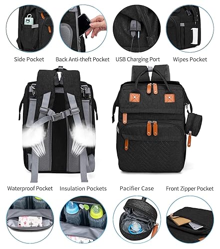 Miniatura 3 de KABAQOO Mochila para pañales, bolsas de pañales grandes para niños y niñas, bolsa de bebé con puerto de carga USB, mochila de viaje impermeable