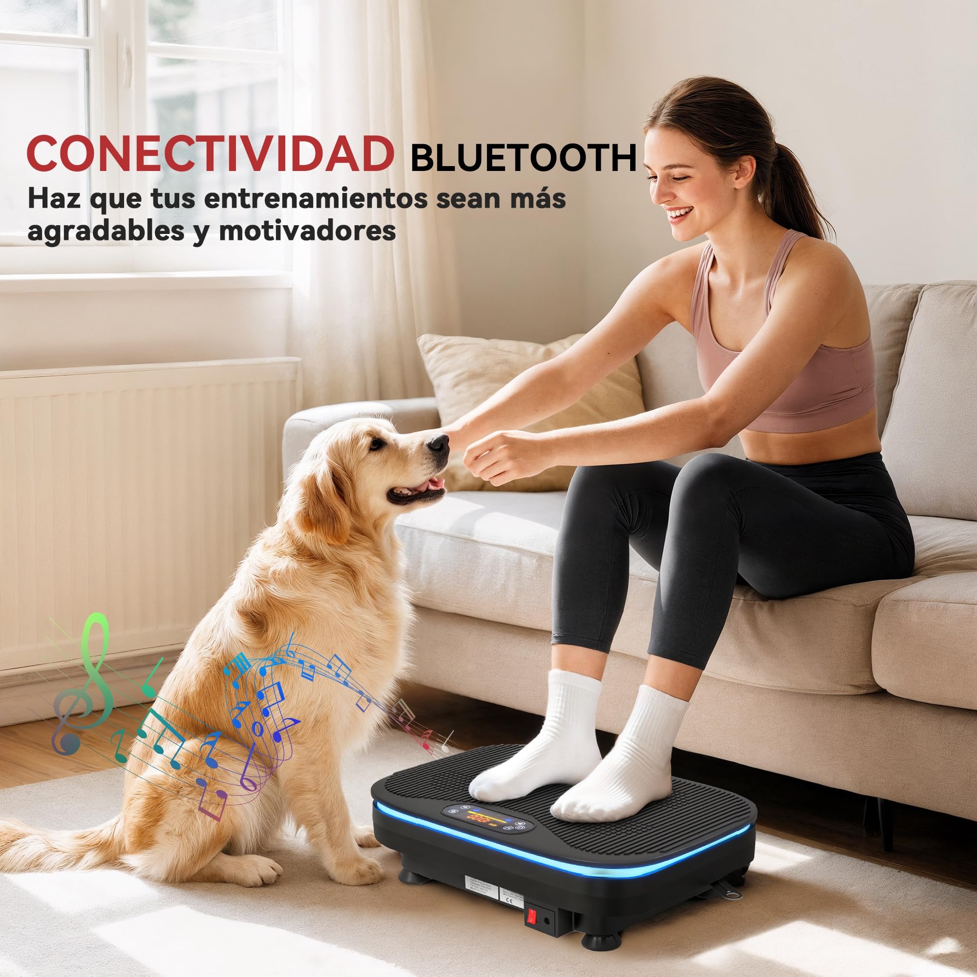 SPORTNOW Plataforma Vibratoria, 99 Velocidades, 3 Programas, Plataforma Vibración Muscular con Altavoz Bluetooth, Pantalla LED, Luces, Mando a Distancia, Bandas Elásticas, para Hacer Ejercicio en Casa