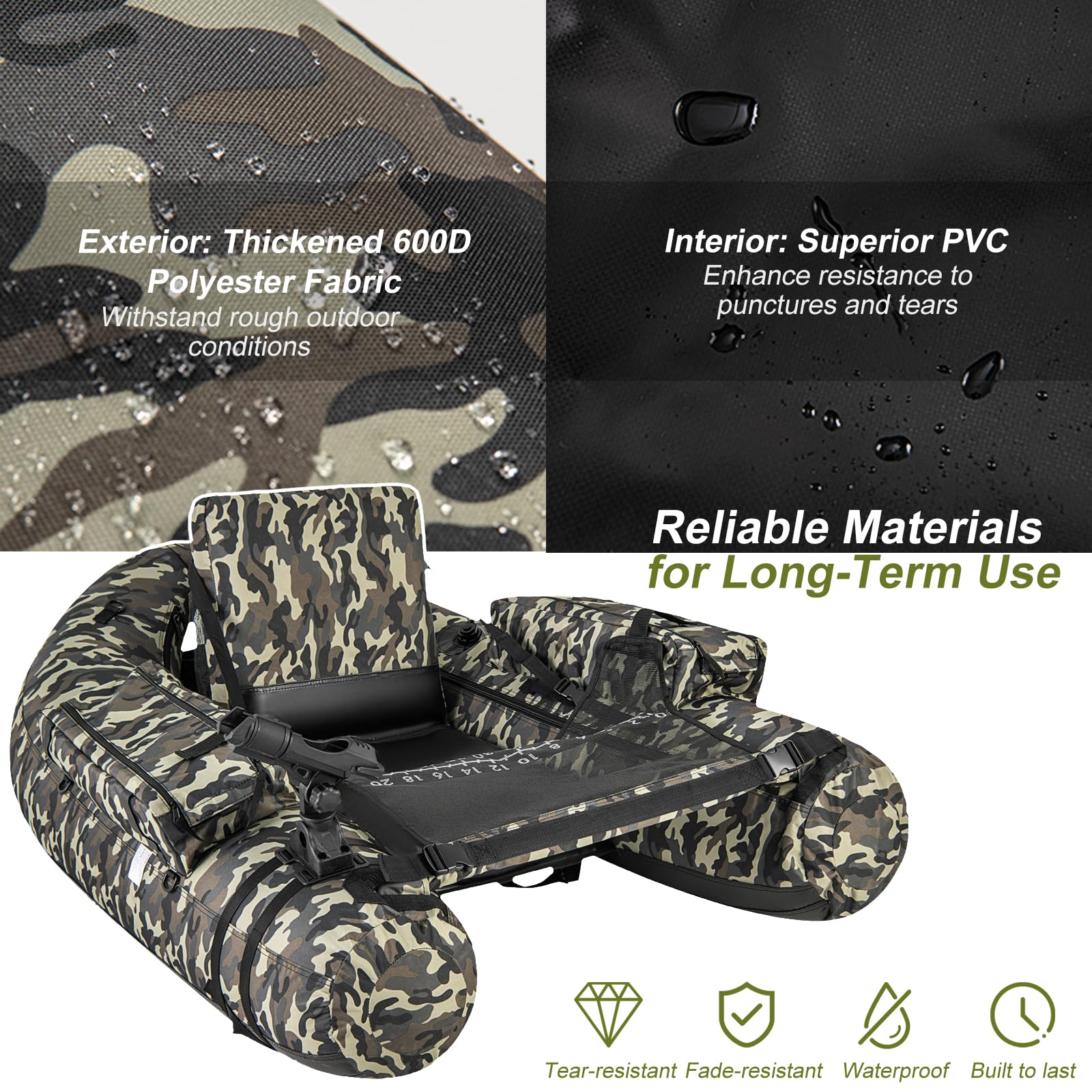 HOMASIS Bateau de Pêche Pneumatique pour Adultes,Bateau Gonflable Simple avec Palmes/Pompe/Pagaie pour gonflage,Canot de pêche avec Réservoir Gonflable pour Pêche Charge 150 kg,Camouflage