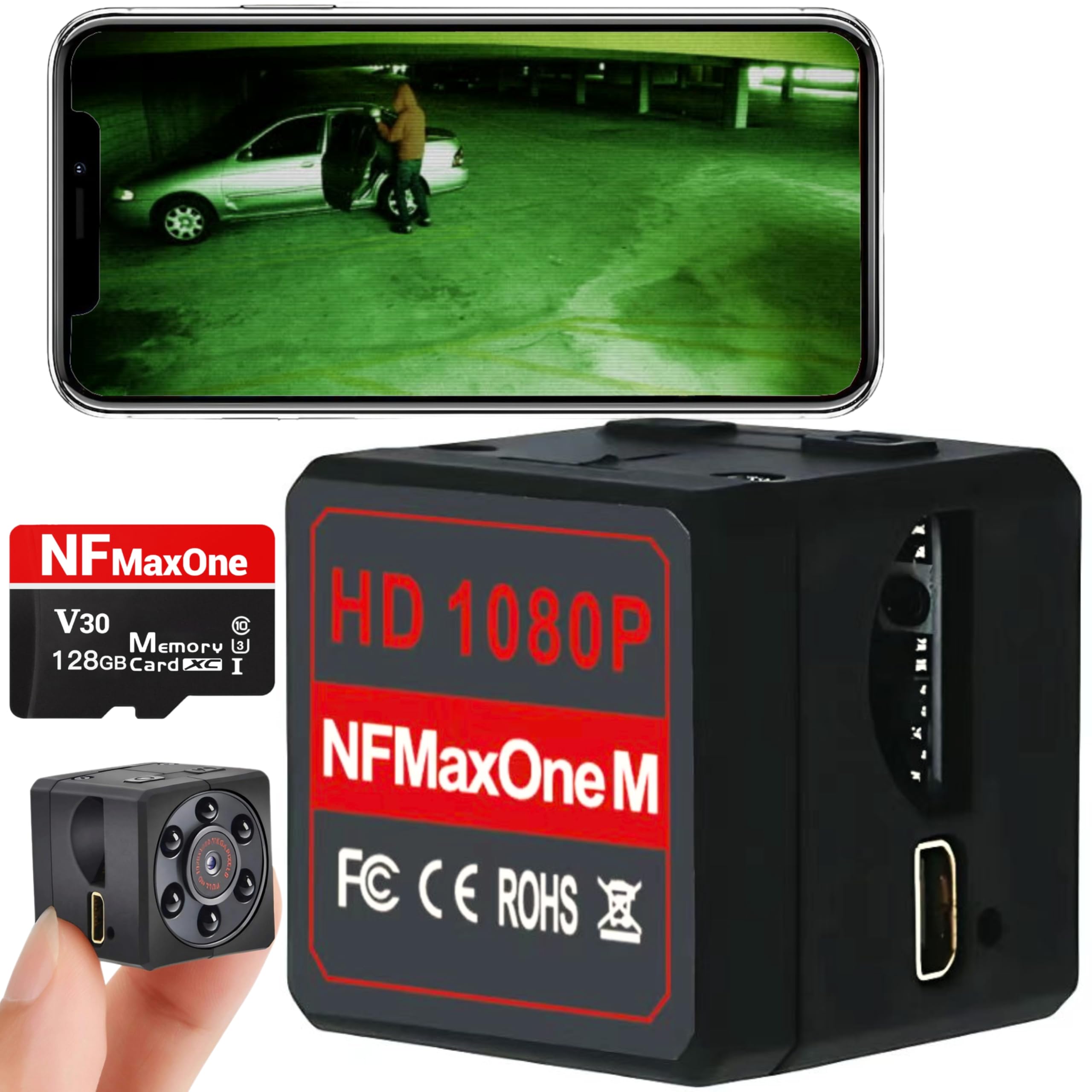 Mini Cámara Espía Oculta - Camara Vigilancia de Coche con Visión Nocturna y Detección de Movimiento, Funciona sin Internet, Camara Vigilancia Sin Wifi, Cámara Videovigilancia + MicroSD 128GB,