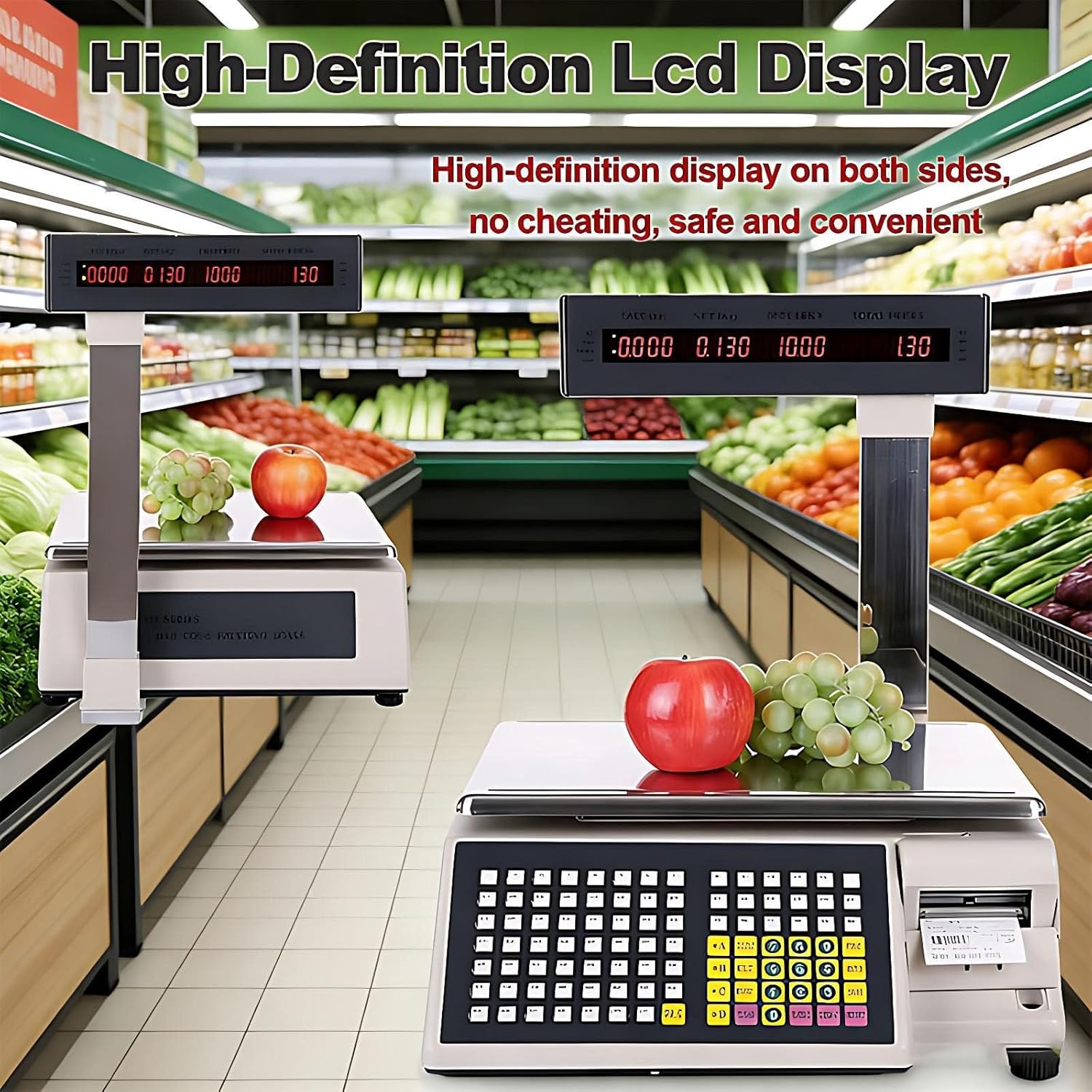 Label Printing Scale,Commercial Barcode Scale,Food Scale with Label and Receipt Printer, Electronic Weight Scale for Retail Store & Supermarket, Dual LCD Displays 33lb/15kg