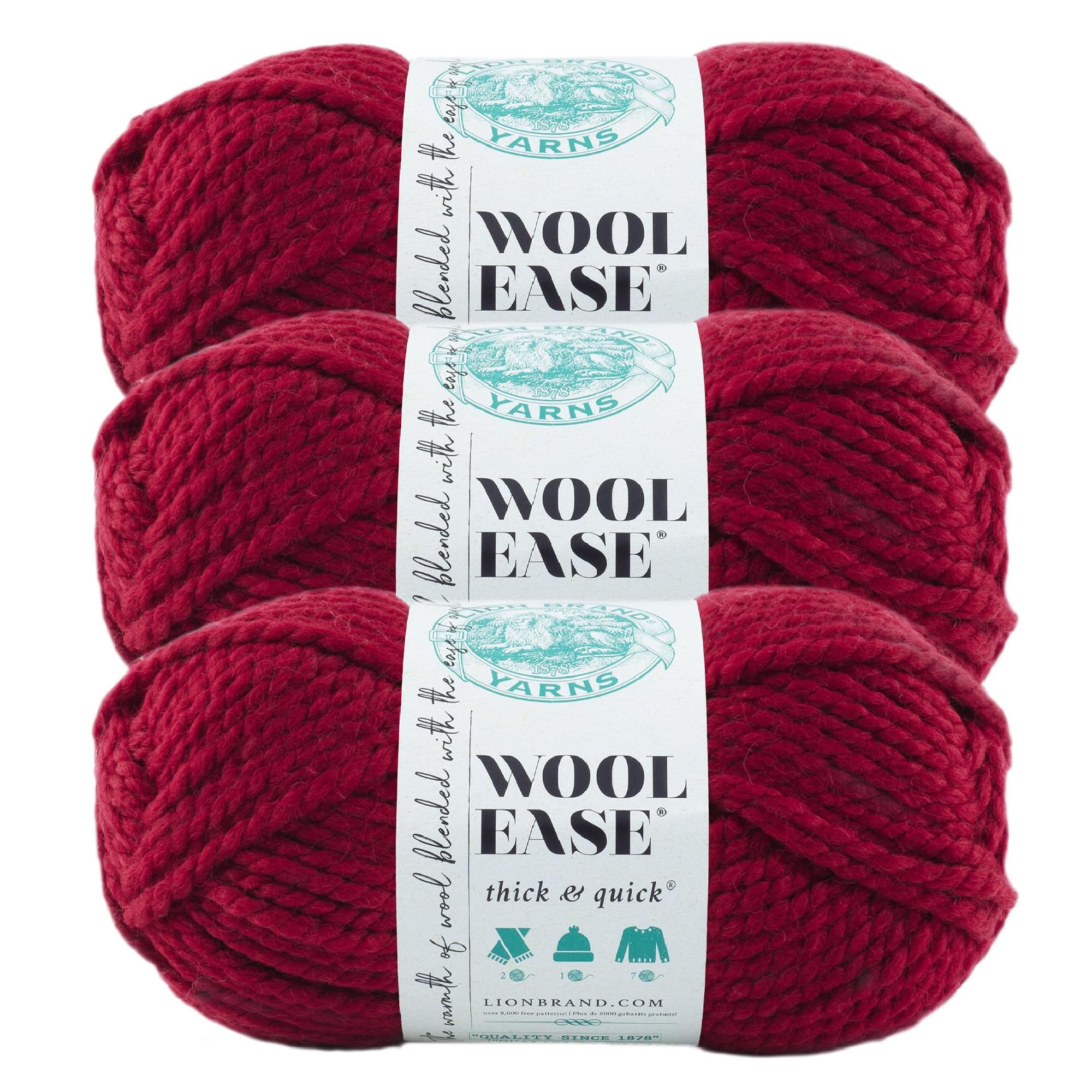 Lion Brand Yarn Wool-Ease Thick &amp; Quick Yarn, Soft and Bulky Yarn for Knitting, Crocheting, and Crafting, 3 Pack, Cranberry