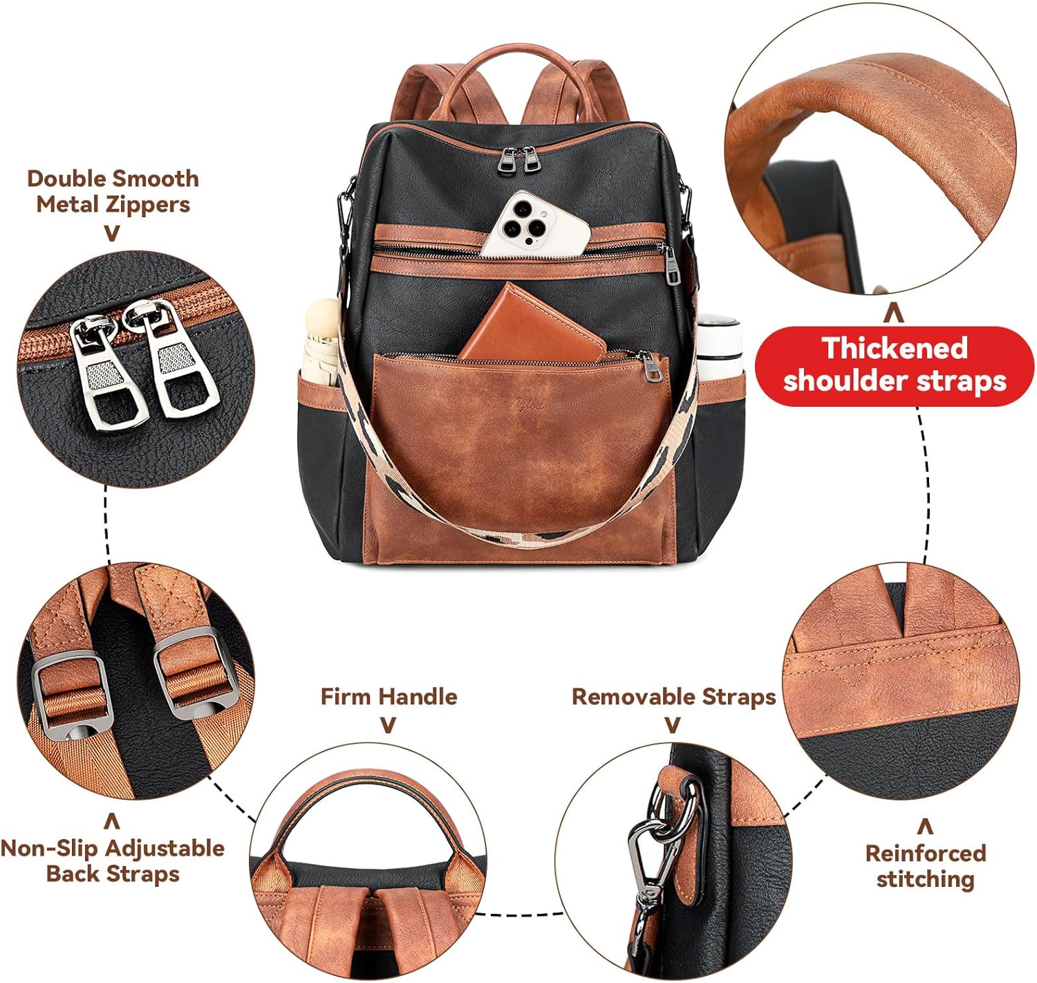 Vegan Leather Laptop Backpack for Women 15.6 Inch Work Backpack Purse for Travel College - Image 3