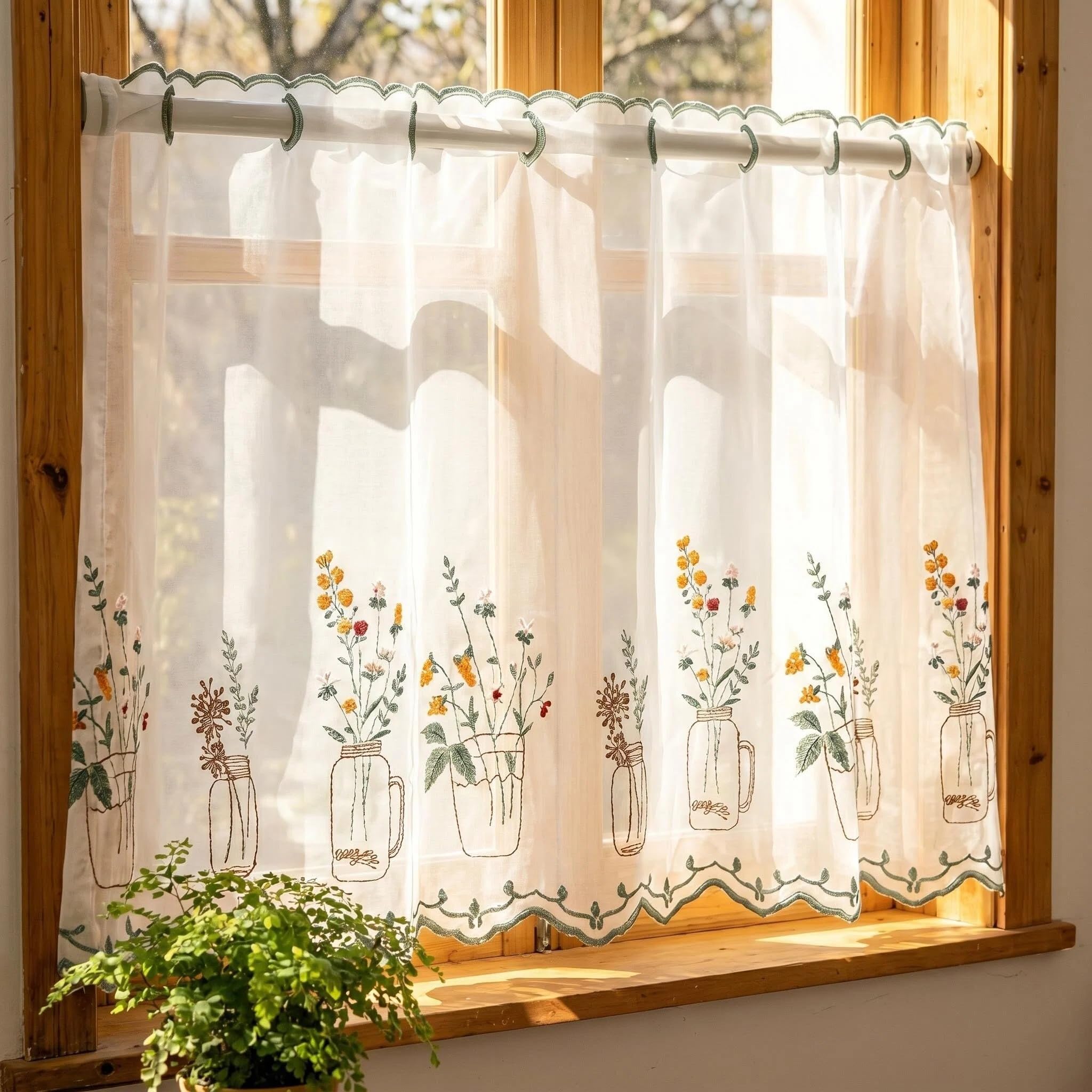 Embroidered Cafe Curtain for Kitchen French Floral Window Curtain Sheer Voile Panel Short Curtains Light Filtering Privacy Tier Curtains for Bathroom, Balcony, Bedroom (150x50cm, 1 Piece) (Green) — image 1