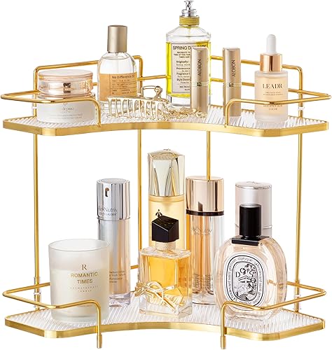 HBlife Organizador de encimera de baño, organizador de maquillaje de esquina de 2 niveles, bandeja de perfume de lujo, organizador de cosméticos,