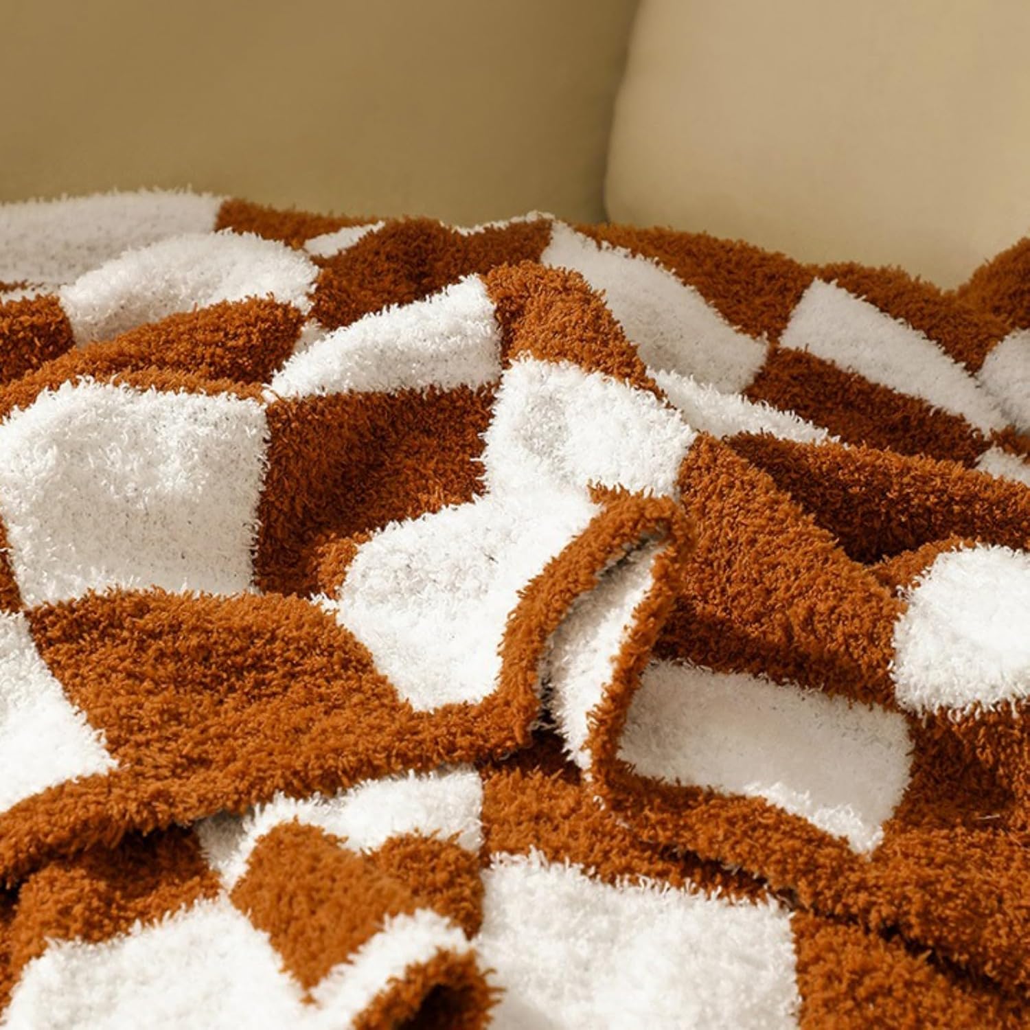 Soft Checkered Throw Blanket, Ultra Cozy Knit Yellow Throw Blanket Fluffy Fuzzy Reversible Checkerboard Blanket for Travel Couch Sofa Bed Decor, 51x63 inches, Khaki - Image 4