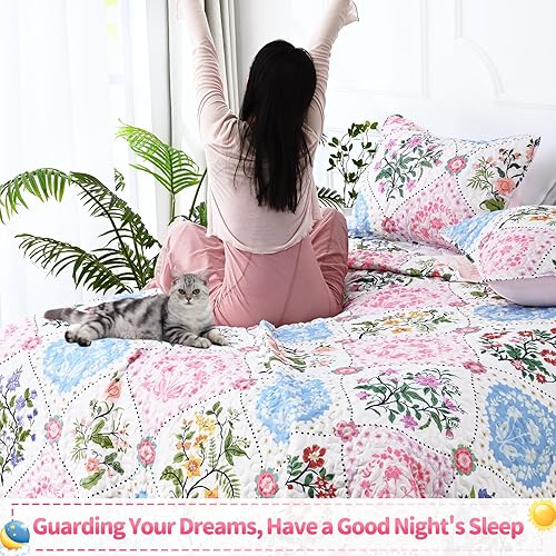 Miniatura 6 de Uspring Juego de ropa de cama tamaño Queen con estampado floral, 3 piezas, ligero, suave, transpirable, acolchado, juego de colcha de verano con 2