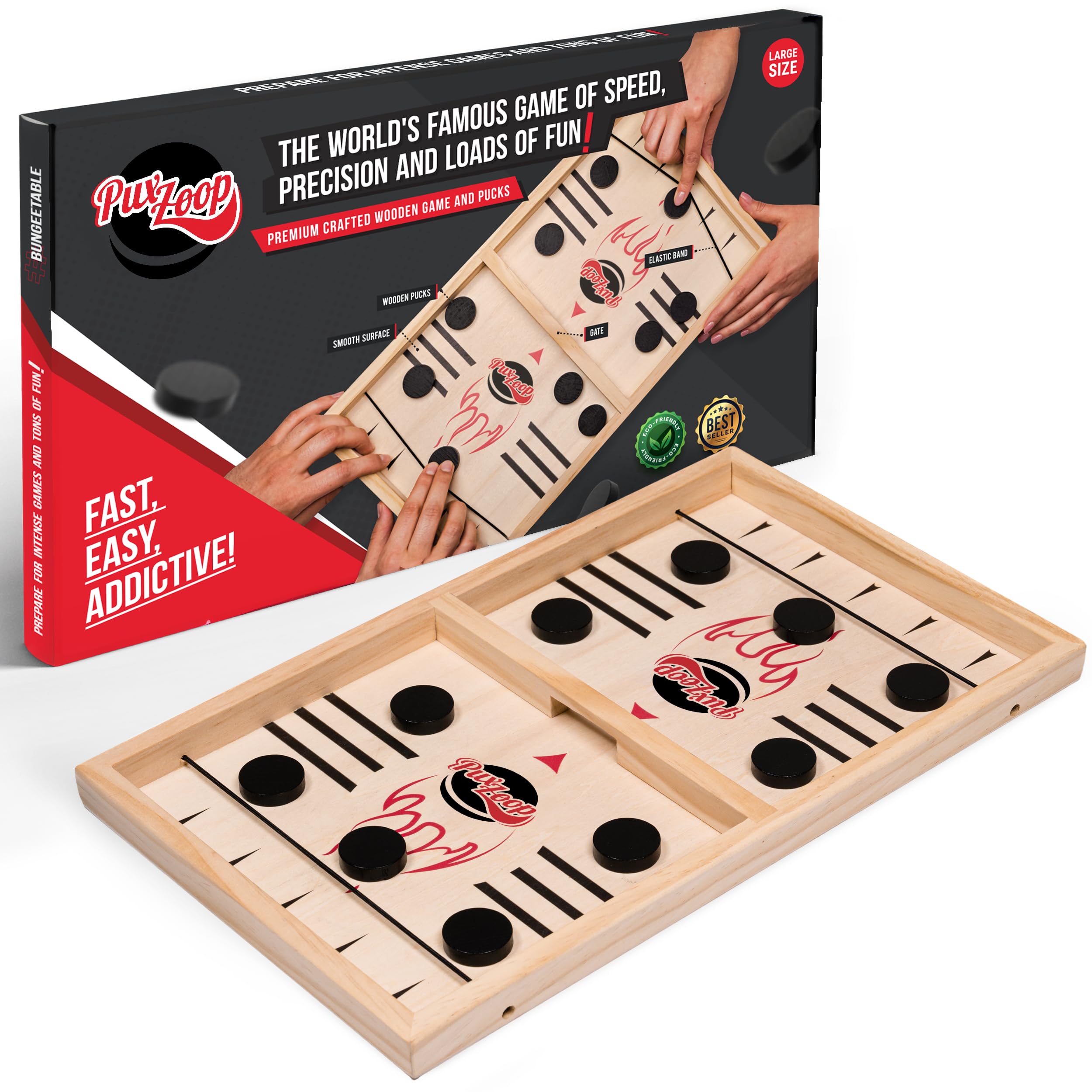 Fast Sling Puck Game - Large Size - Test Your Speed and Accuracy with This Fast-Paced Wooden Air Hockey Board Game - Guaranteed Fun for Family Night or Friends Party