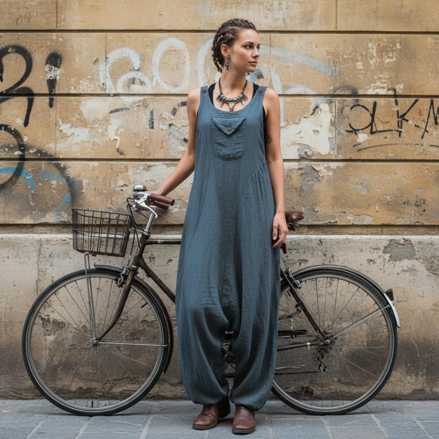 GURU SHOP Natürliche Boho Latzhose, Overall, Luftiger Jumpsuit, Damen