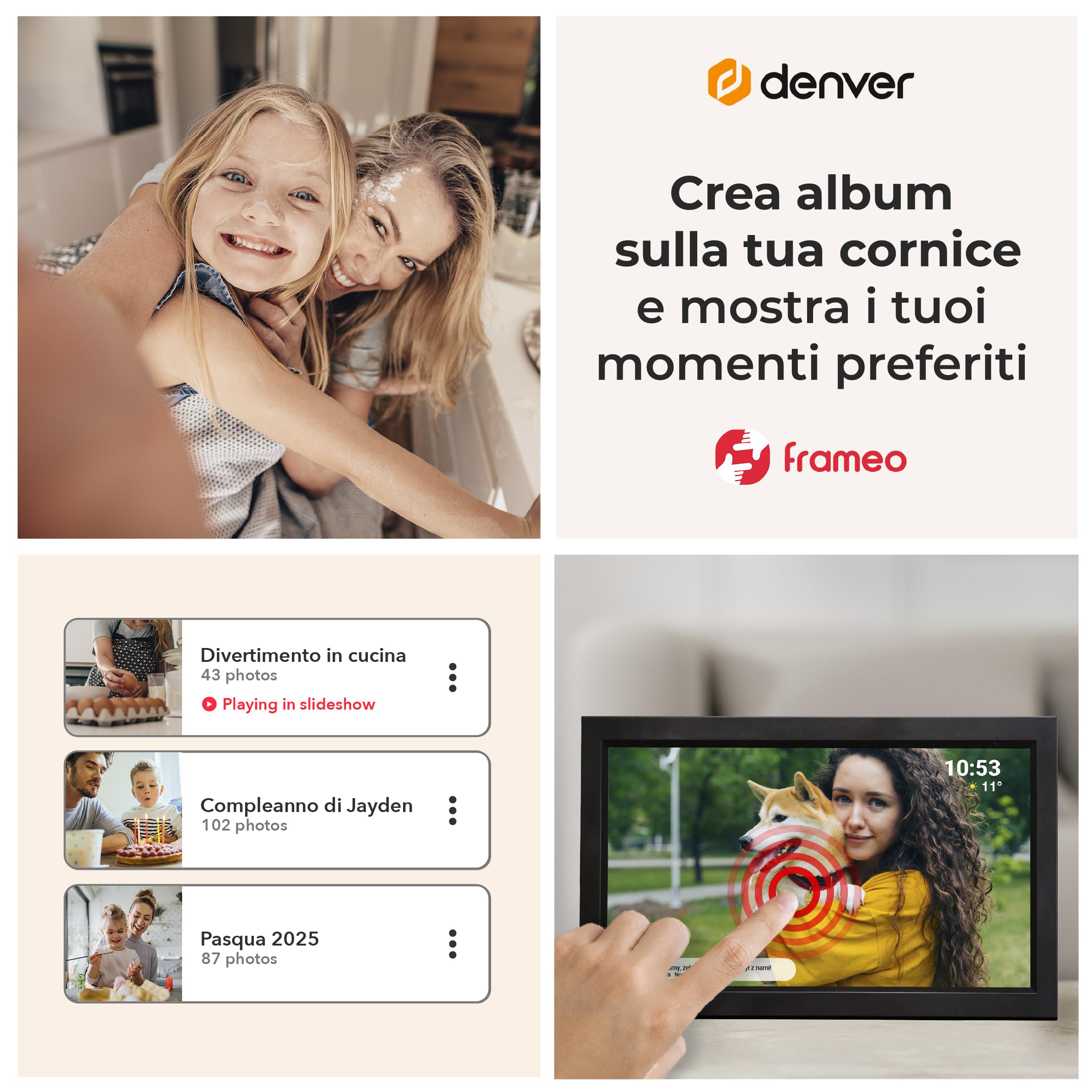 Cornice Digitale 15 Pollici WiFi - Schermo IPS Full HD 1920x1080 - Portafoto Digitale Frameo Denver per Foto e Video - Cornice Elettronica Touchscreen Smart - 16GB Memoria - Slot microSD - Nera