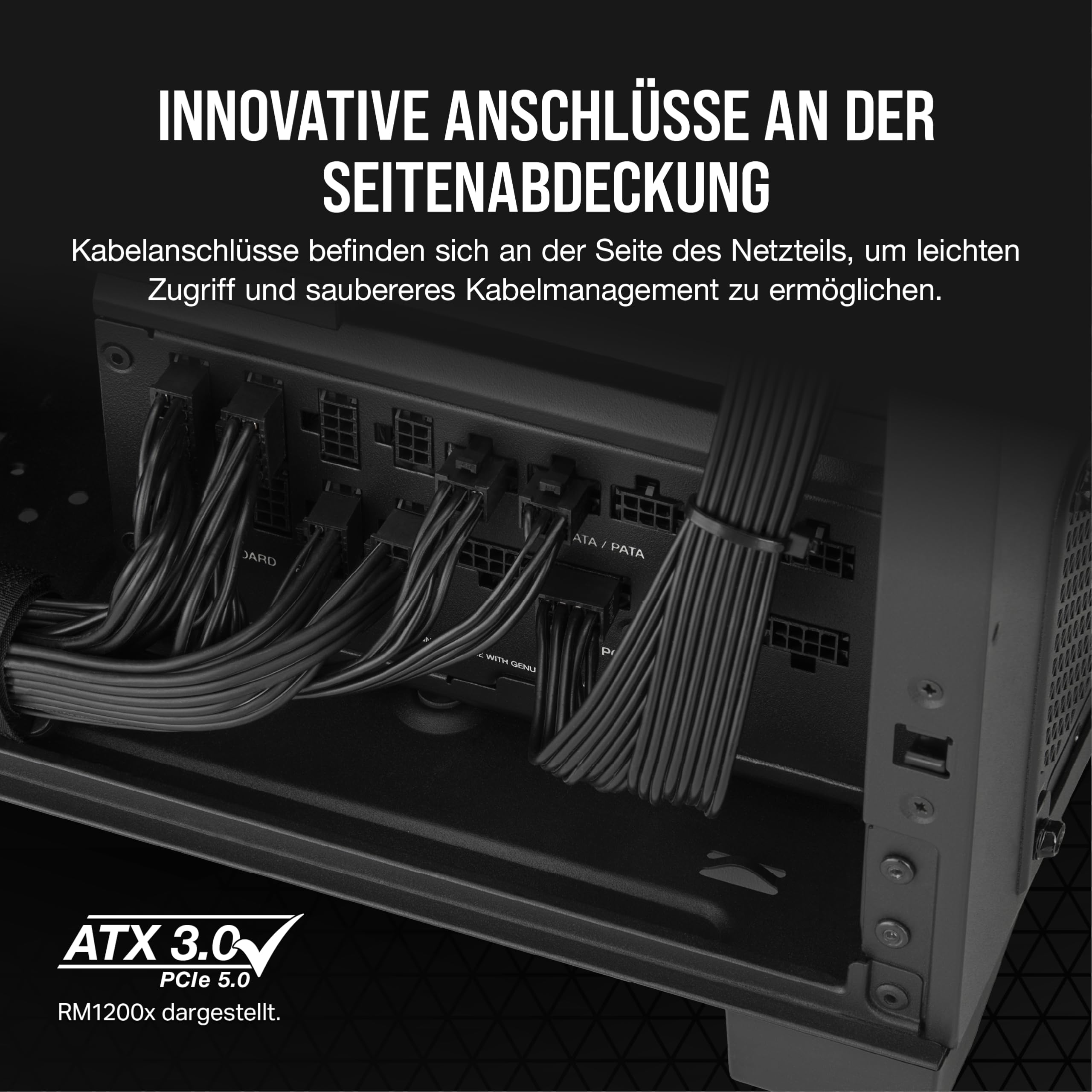 Corsair RM1000x Shift, Vollmodulares ATX-Netzteil, Modulare Seitenschnittstelle, ATX 3.1 & PCIe 5.1-kompatibel, Null-Drehzahl-Lüftermodus, 105°C-Kondensatoren, 80 Plus Gold-Effizienz, Schwarz