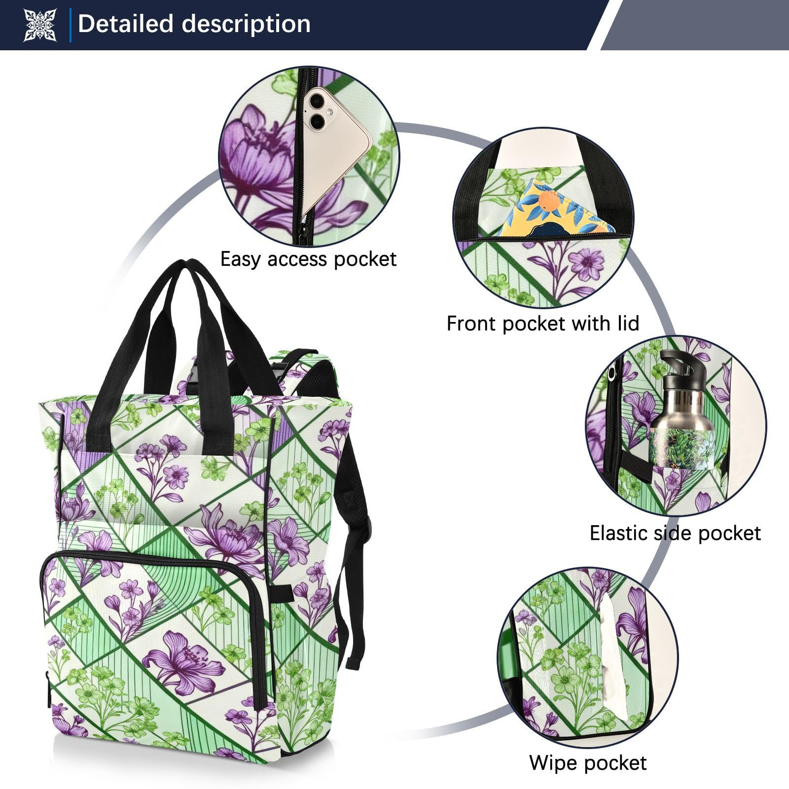 Baby Essentials torba na pieluchy zielony i fioletowy kwiat w kratę