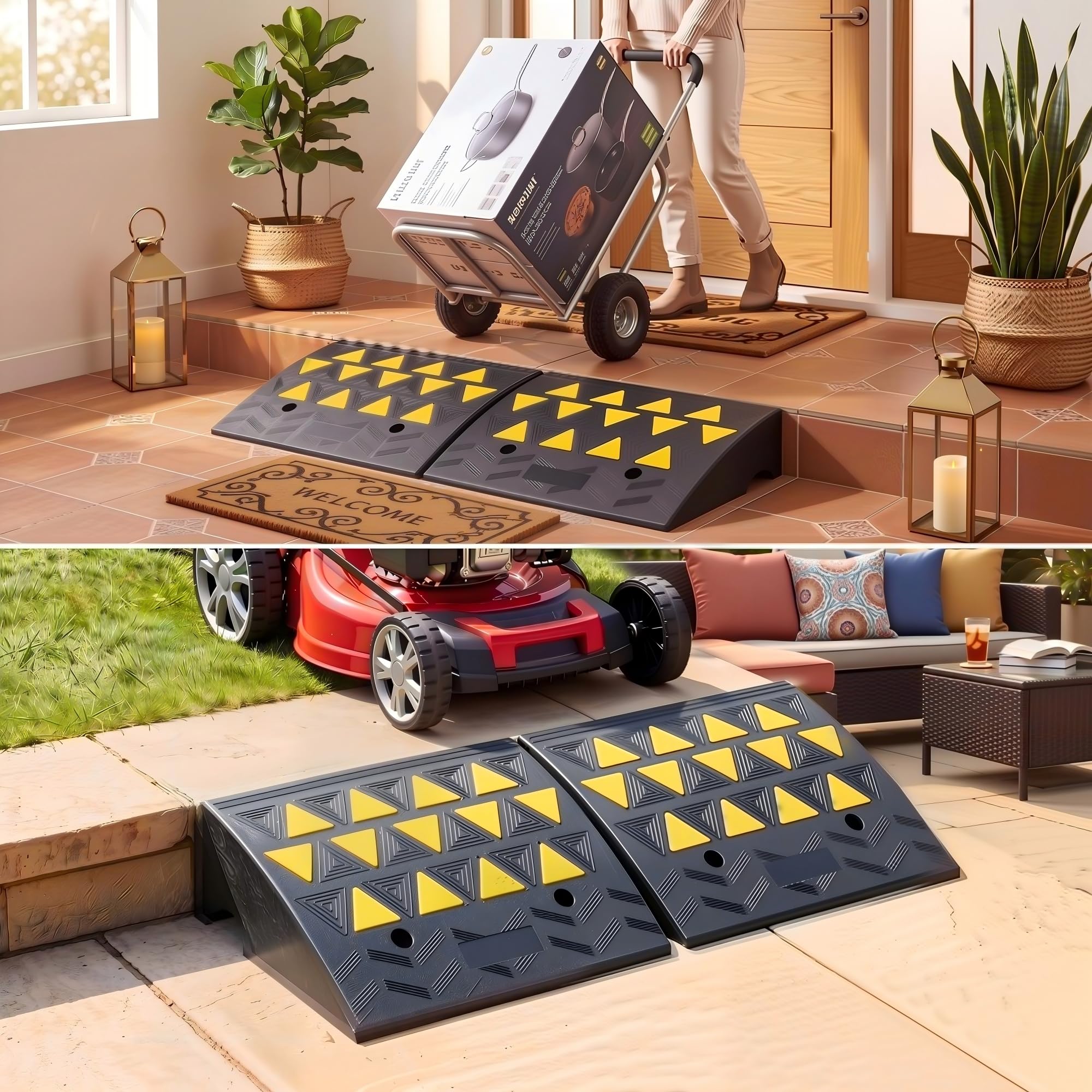 GIANTEX 2 Rampas para Coches de Goma, Rampas para Silla de Ruedas con Triángulos Reflectantes, Carga 15 Ton, Altura 13/16 cm, Superficie Antideslizante y Canal de Drenaje para Bordillos (49x37x16 cm)