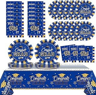 Qyeahkj 24 Guests Blue and Gold Graduation Party Class Of 2025 Plates Napkins Tablecloth Supplies Set Congrats Grad Disposable Tableware Dinnerware Decorations Favors for Grad Party Decoration