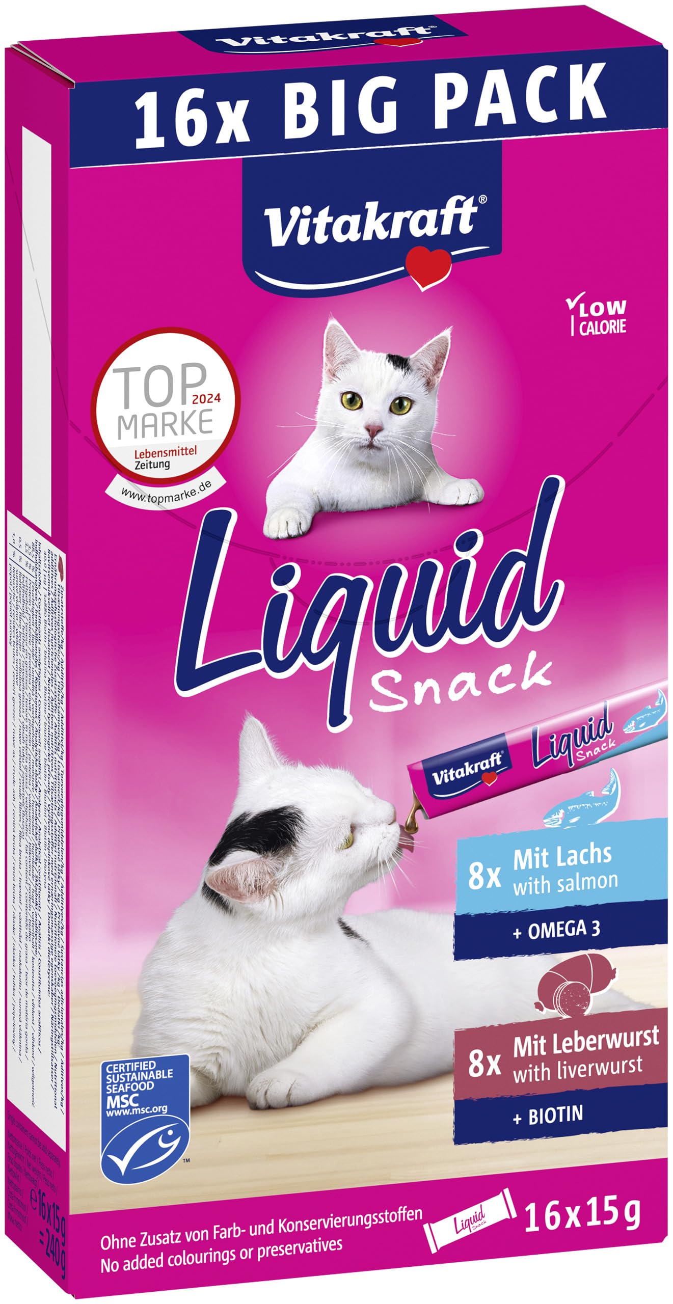 Vitakraft Liquid Snack, Katzen Leckerli, Katzensnack cremig, mit Leberwurst und Biotin, mit Lachs und Omega 3, in einzelnen Sachets, 1 Vorratspackung (16x 15g)