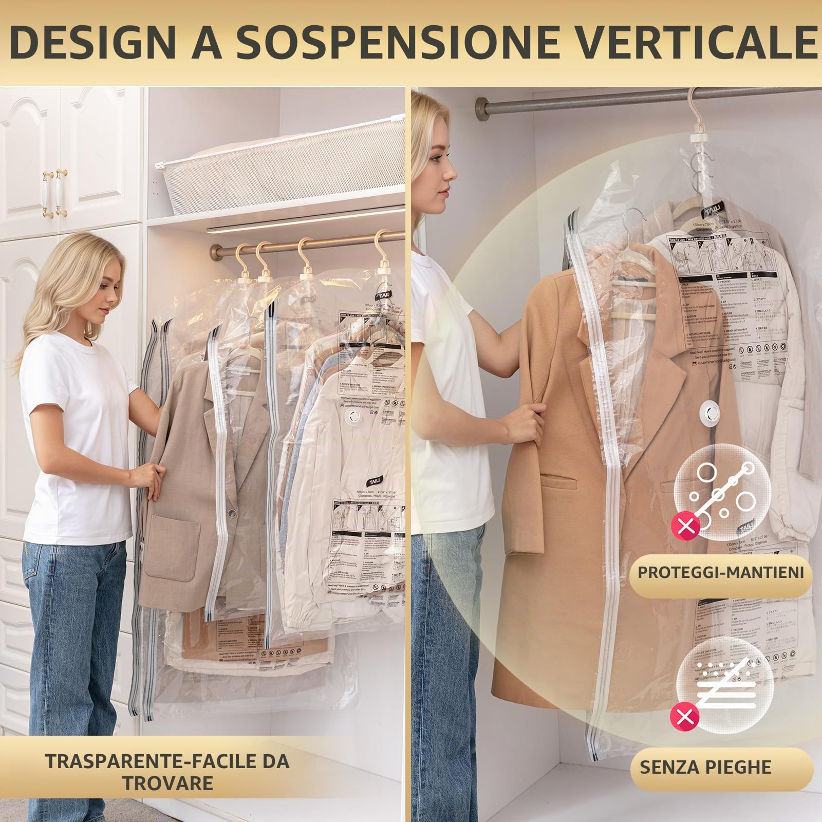 TAILI Sacchetti Sottovuoto Vestiti Appendere Buste Sottovuoto,6 Jumbo | Buste Sottovuoto Vestiti Sacchetti con Gancio per Abiti, Conservazione di Giacche - Sacchetti Sottovuoto Salvaspazio Viaggi