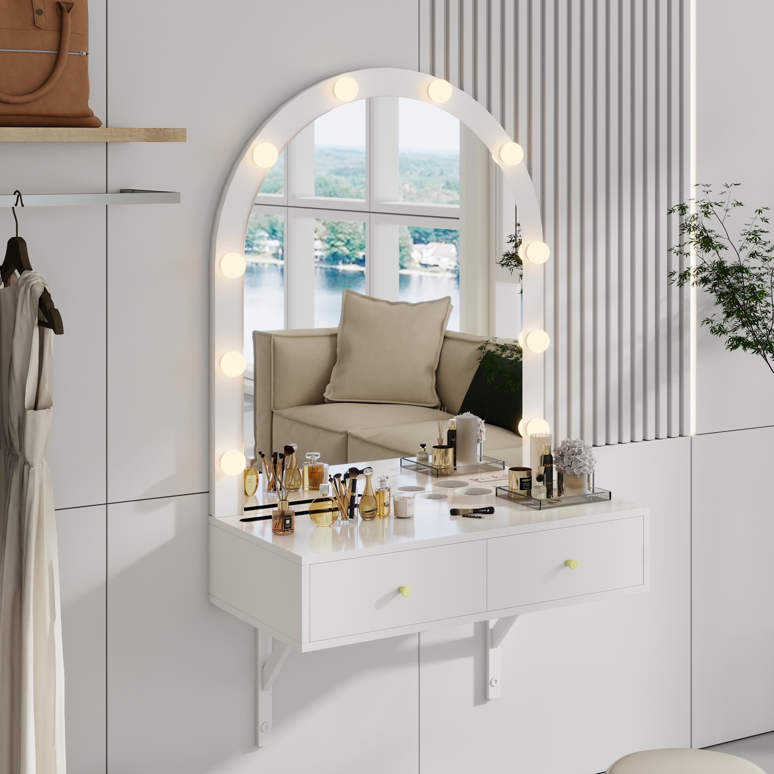 SSLine Modern Salon Station with Mirror and Light Wall Mounted Styling Sation for Hair Stylist Barber Shop Beauty Spa Dressing Table with 2 Drawers, Power Outlet and Tool Insert Holes (White)