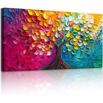MHARTK66 Colourful Tree Canvas Pictures 59 x 119 cm XXL Wall Pictures Living Room Tree of Life Picture Aesthetic Modern Wall Decoration Art Print Bedroom Dining Room Hallway