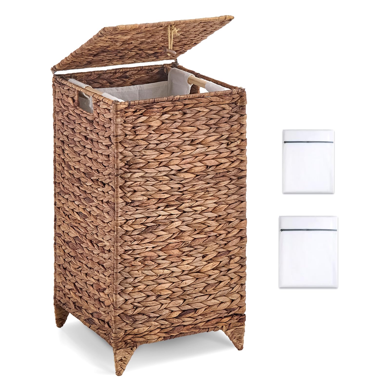 LGENHOOM Handwoven Laundry Hamper with Lid, Natural Hyacinth Heightened Feet Laundry Basket, Wicker Clothes Hamper with Removable Liner Bag for Clothes and Towels