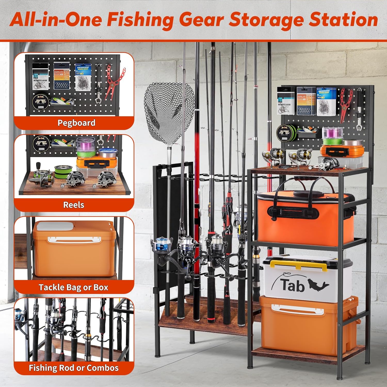 XOOL Fishing Rod Storage Rack for Garage, Holds up to 12 Rods, Heavy Duty Fishing Gear Organizer with Pegboard, 3-Tier Metal Stand with Shelves, Hooks & Accessory Storage