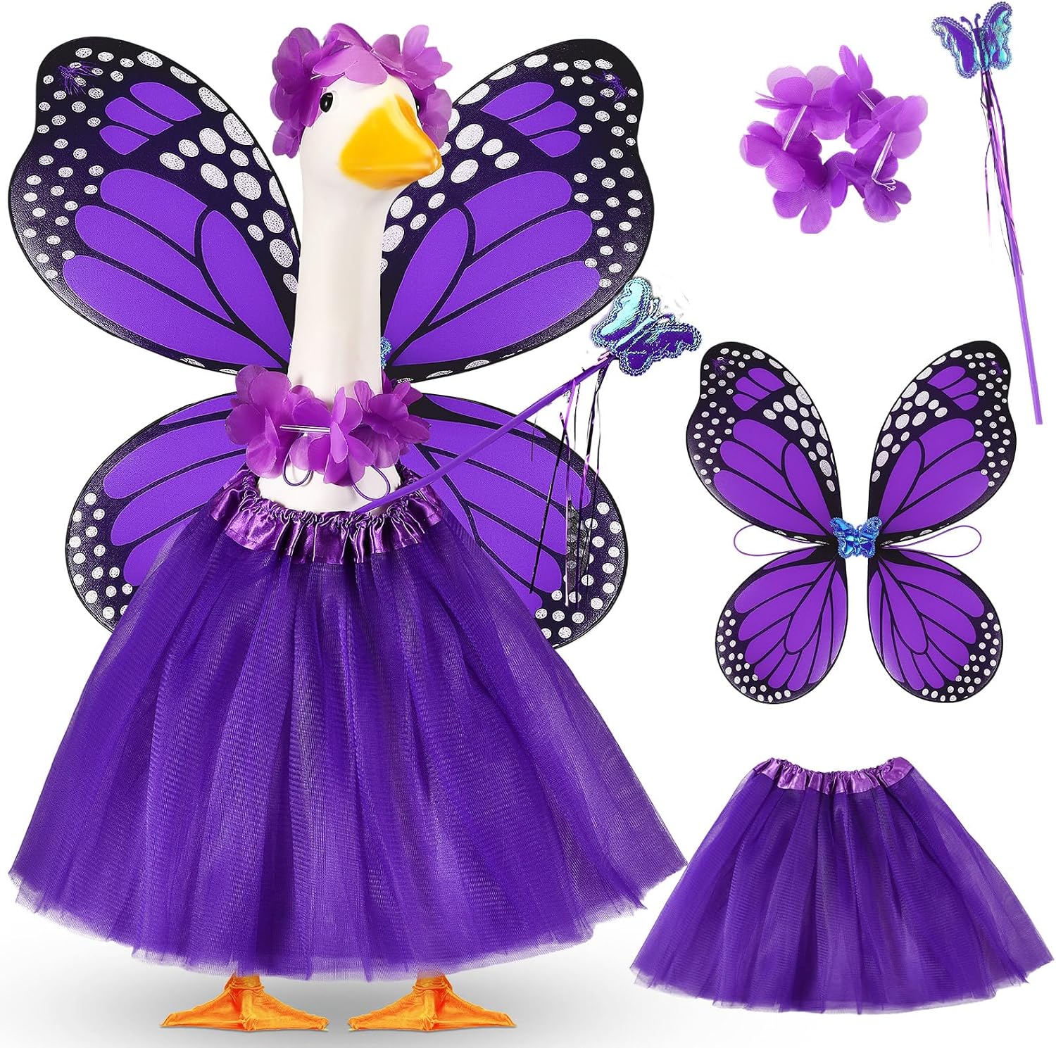 5pcs Butterfly Porch Goose Outfit Costume Tutu Skirt Butterfly Wing Wand Flower Crown for 17‘' 23‘' Cement Goose