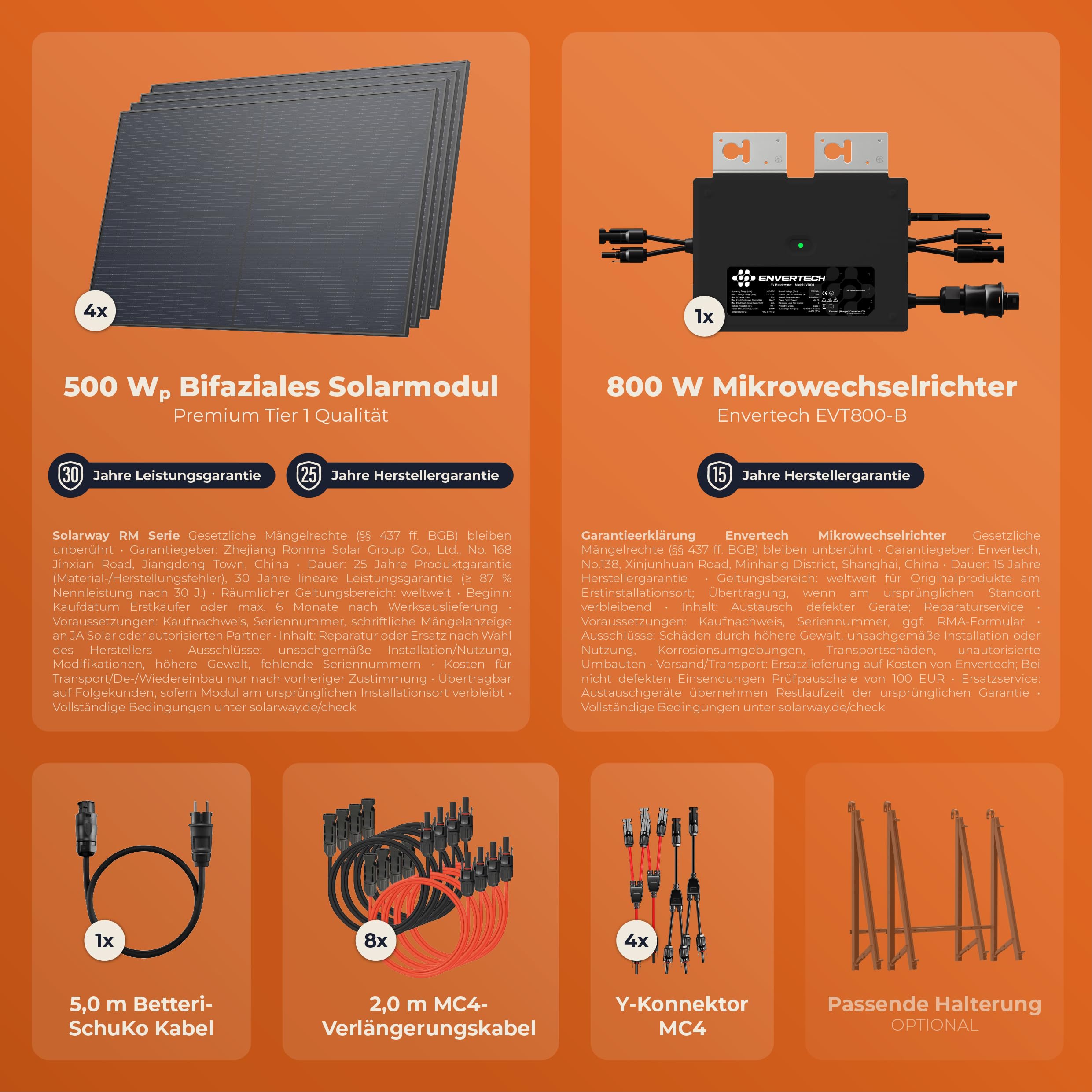 Solarway® Balkonkraftwerk 2000W / 800W komplett Steckdose - neuester 800W Wechselrichter - Solaranlage Komplettset - 500W bifaziale Solarmodule & Envertech & Zubehör