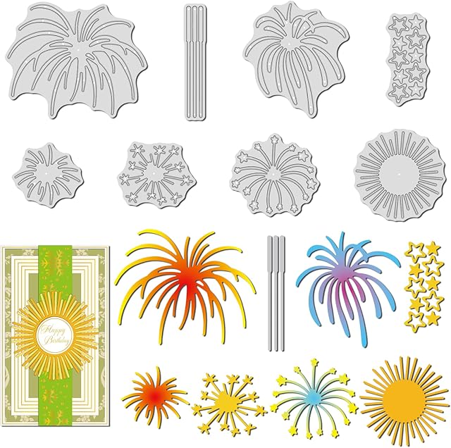 GLOBLELAND 8Pcs Fireworks Cutting Dies Metal Festival Embossing Stencils Die Cuts for Paper Card Making Decoration DIY Scrapbooking Album Craft Decor