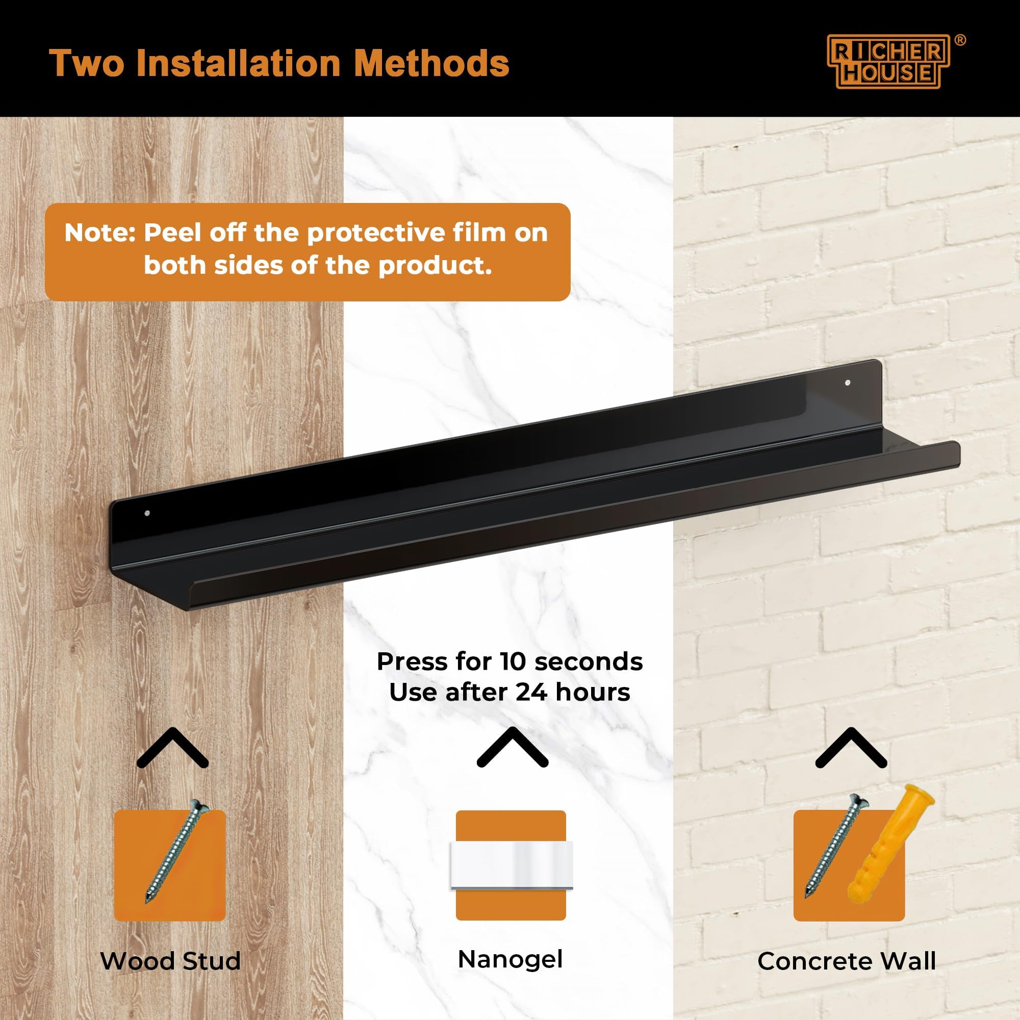 RICHER HOUSE Paquete de 6 estantes flotantes de acrílico negro para pared, estante de baño sin taladro, doble montaje (adhesivo o tornillos) para discos de vinilo, cosméticos, estantes de decoración