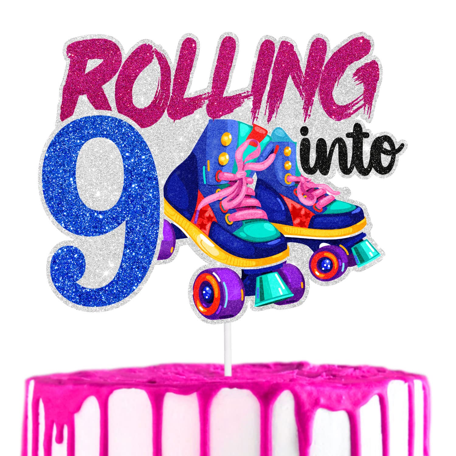SugarGera Rolling into the 9th Happy Birthday Cake Topper - Vintage Roller Skate Themed Birthday Party and Roller Skate Themed Party Decorations for Boys or Girls -