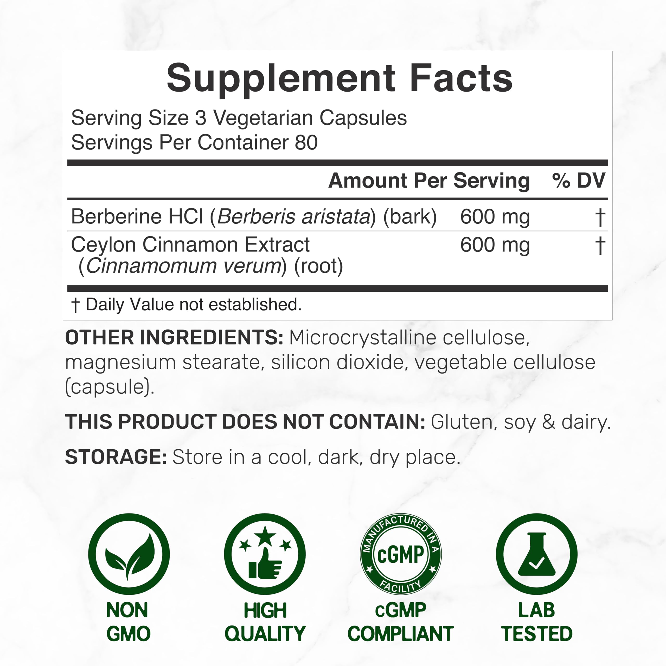 Berberine with Ceylon Cinnamon 1,200 mg Per Serving, 240 Veggie Capsules — Amazon image 2