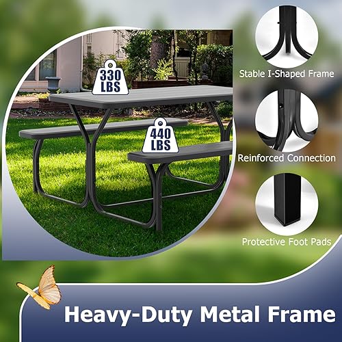 Miniatura 7 de GYMAX Mesa de pícnic, banco de picnic fácil de montar con mesa de grano de madera para todo tipo de clima y marco de metal, mesas de picnic para