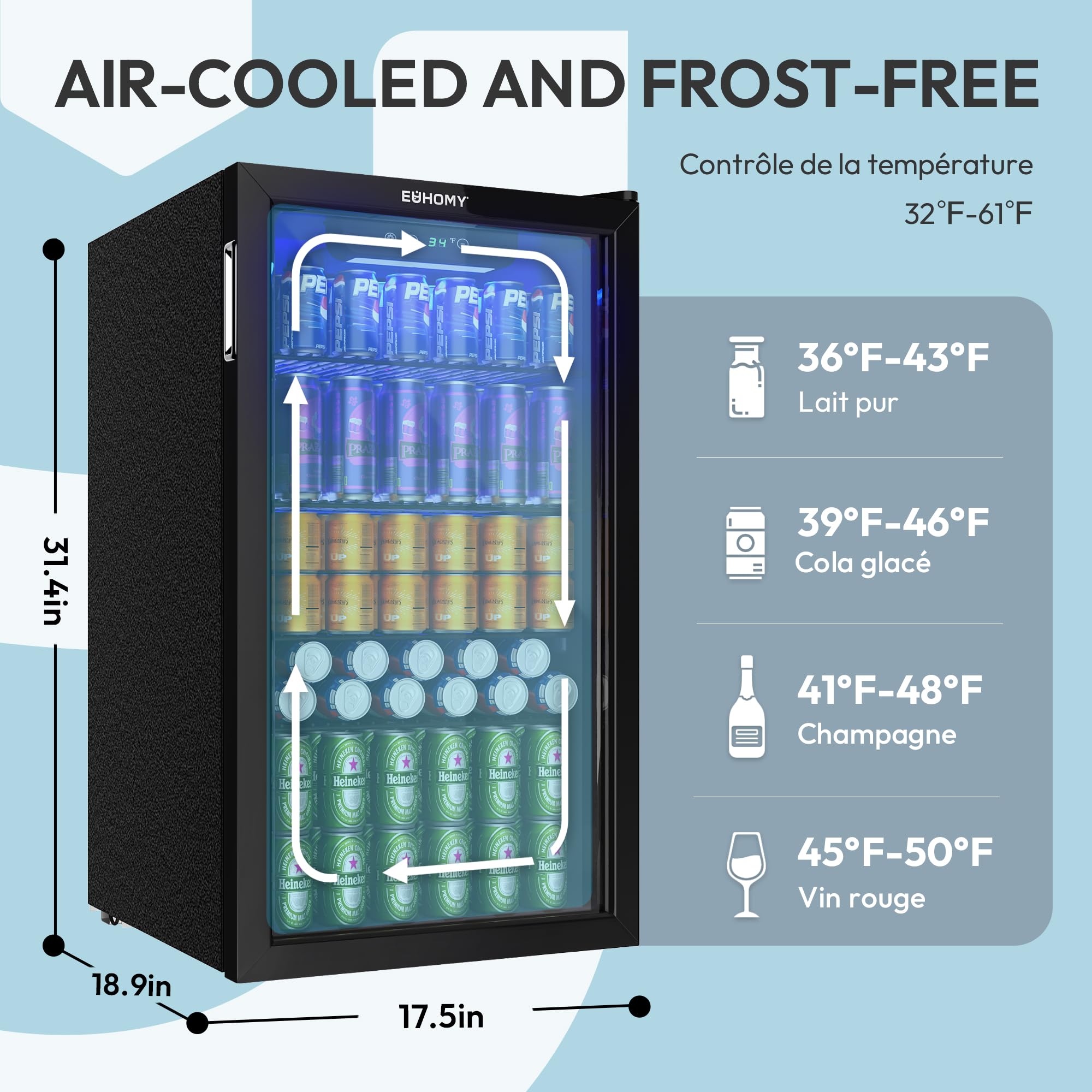 EUHOMY Réfrigérateur à Boissons 90 L Avec Porte Vitrée, Mini Frigo Pour 126 Canettes, Mini Réfrigérateur Avec étagères Réglables, Idéal Comme Cave à Vin, Mini Réfrigérateur Pour Bureau ou Bar Noir