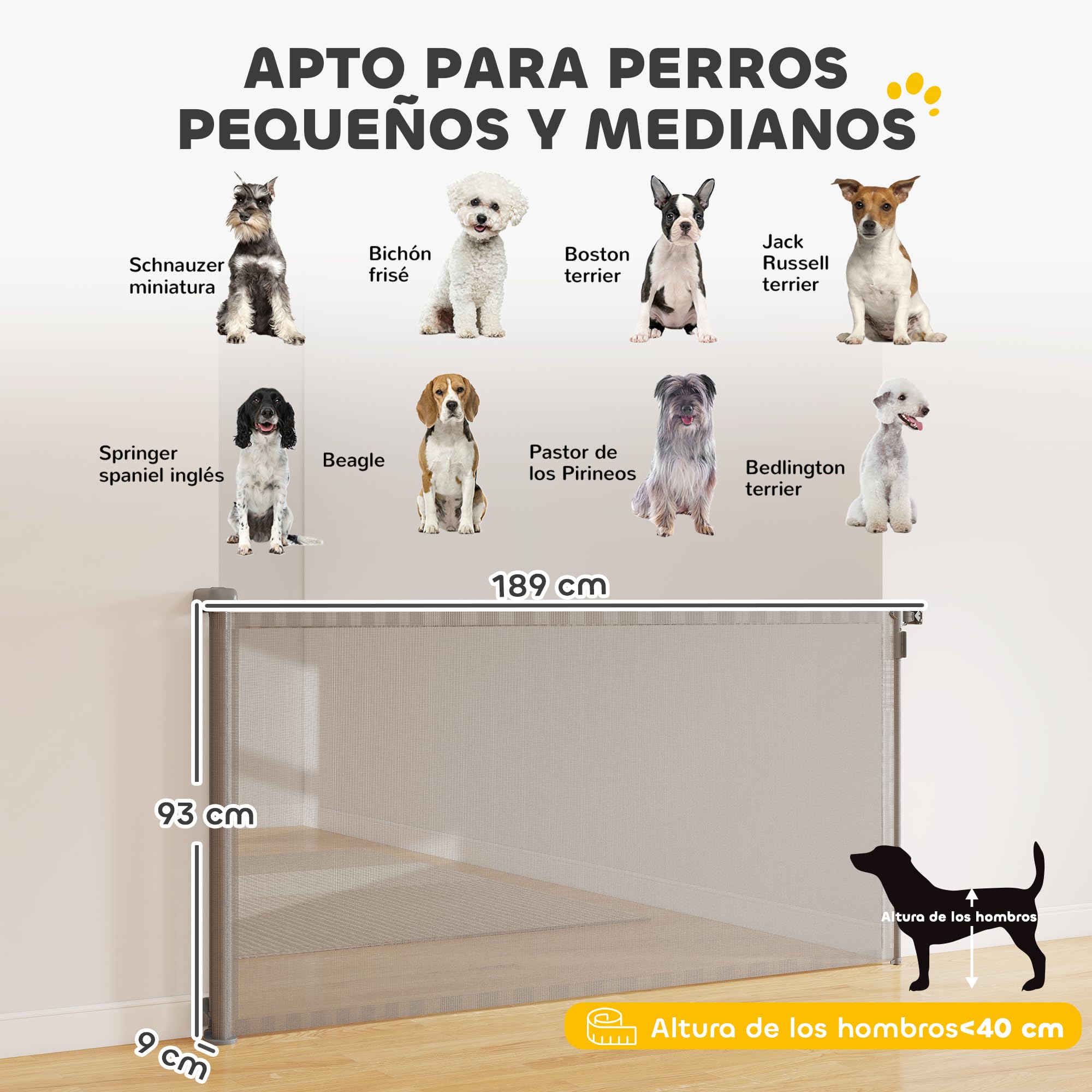 PawHut Barrera de Seguridad para Perros Retráctil, Extensible hasta 180 cm de Ancho y 93 cm de Alto, para Escaleras y Puertas, Valla para Perros Pequeños y Medianos, Uso con Una Sola Mano, Gris — view 3