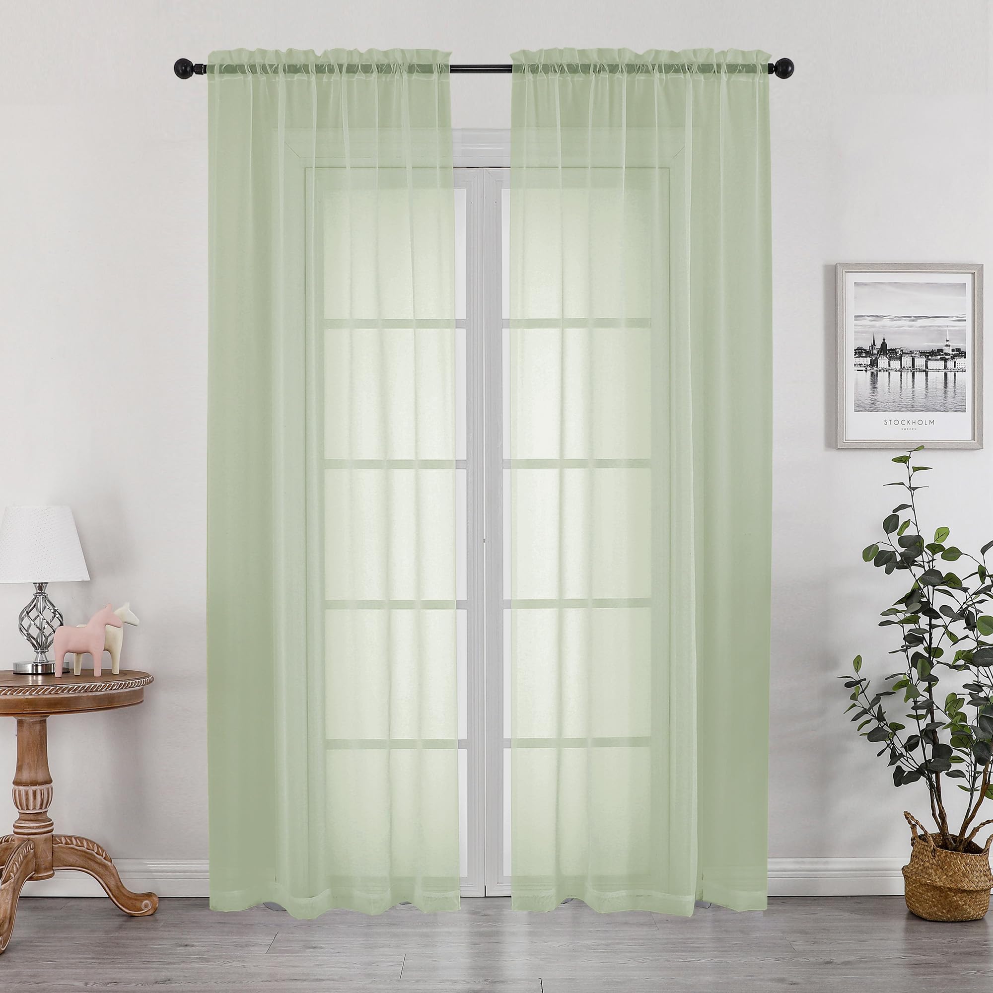 OWENIE Sheer Curtains 84 inches Long 2 Panels Set for Bedroom Living Room, Soft Solid Living Room Rod Pocket Light Filtering Curtains, 2 Pcs Each 42“ W x 84" L, Light Green
