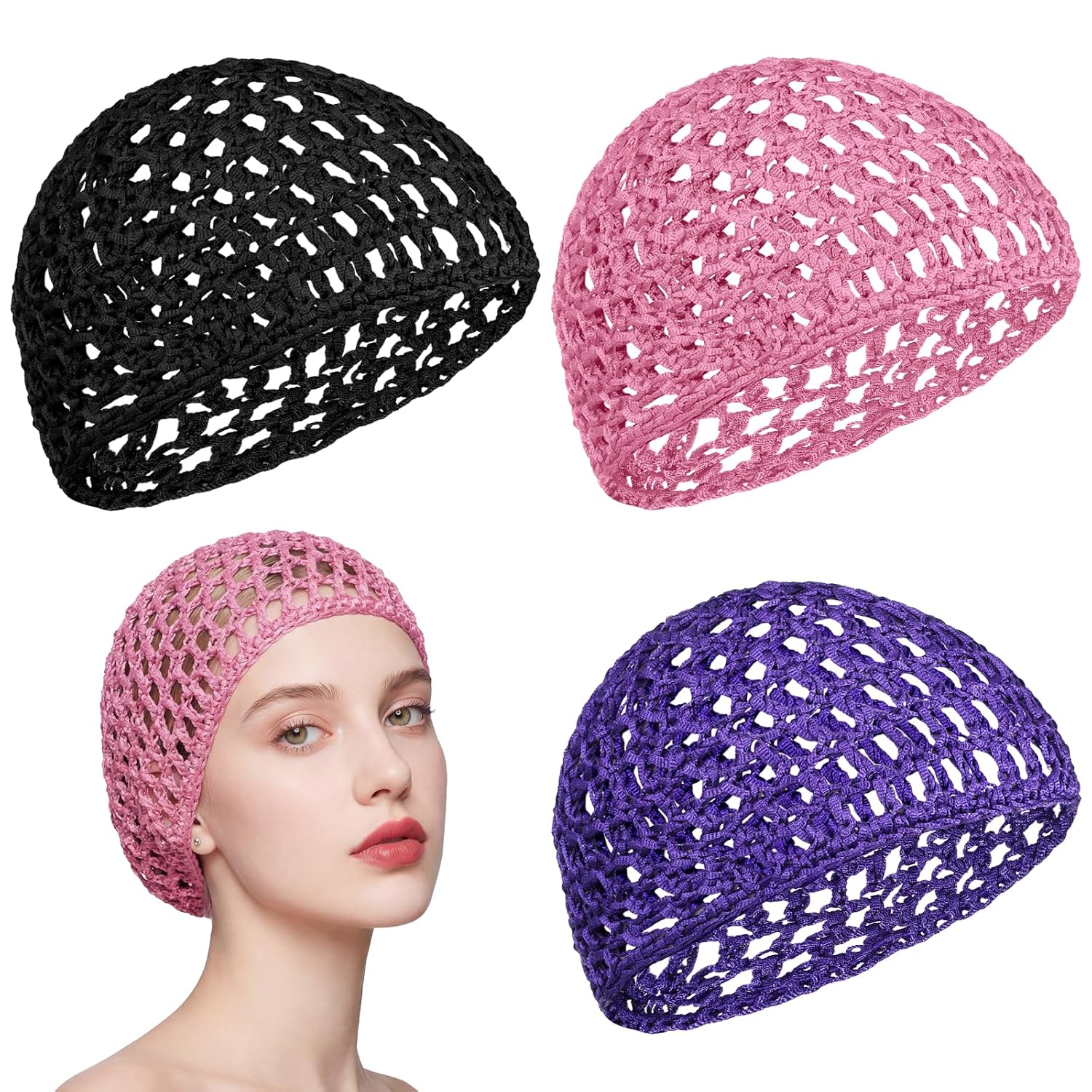 3 Pcs Mesh Crochet Hair Net Snoods, Breathable Soft Rayon Knit Sleep Bonnets for Women, Reusable Wrap Caps Shower Caps Sleep Cap for Sleeping, Wig Curly Hair Protection (Blue, Black, Pink)