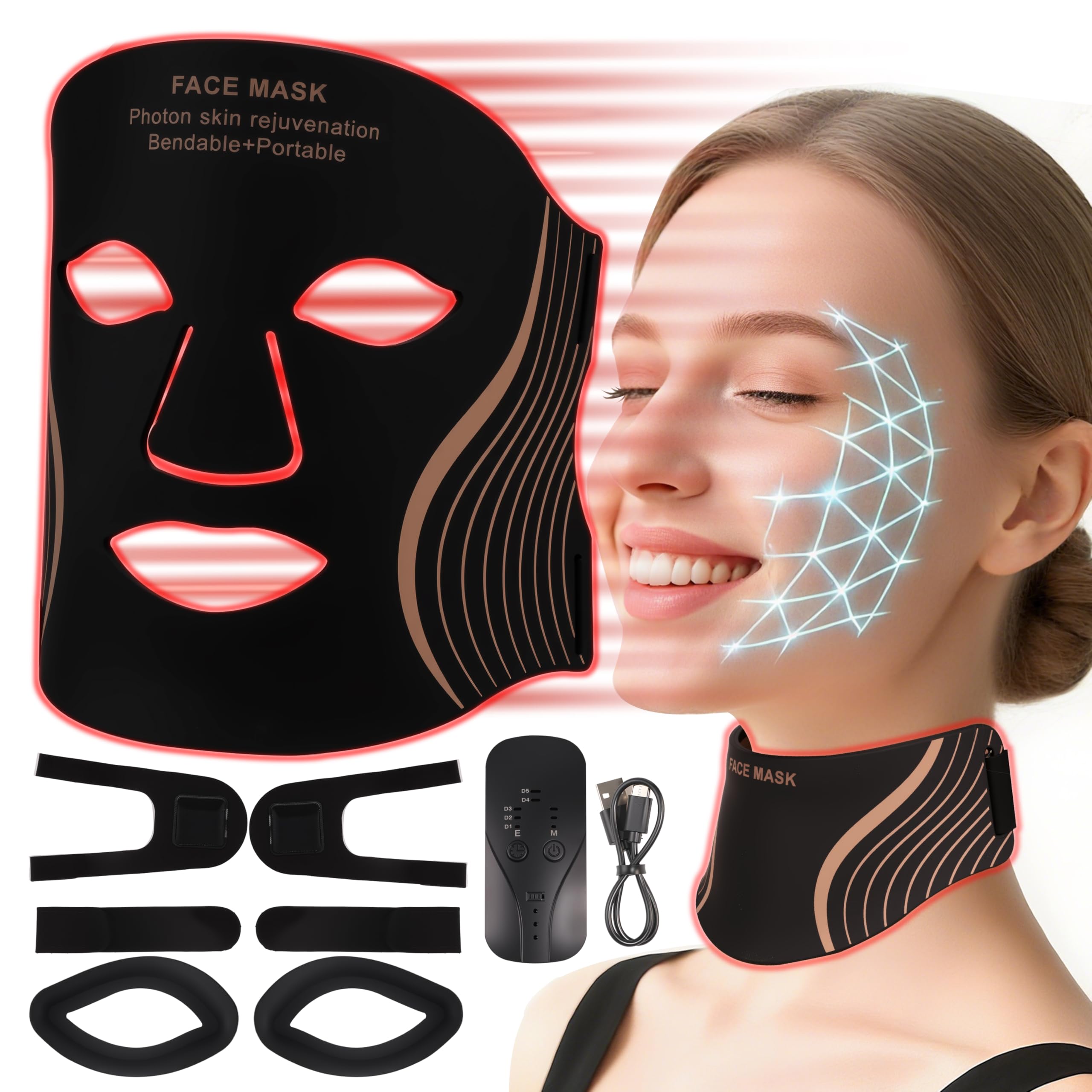 Aokitec LED Lichttherapie Gesichts & Halsmaske -Gesichtspflegegerät,100+ Perlen Red Light Therapy Face Mask-7 Farben Rot & Blau &​ Grün & Violett​-Anti-Aging,Falten Hautstraffung für Zuhause & Reisen