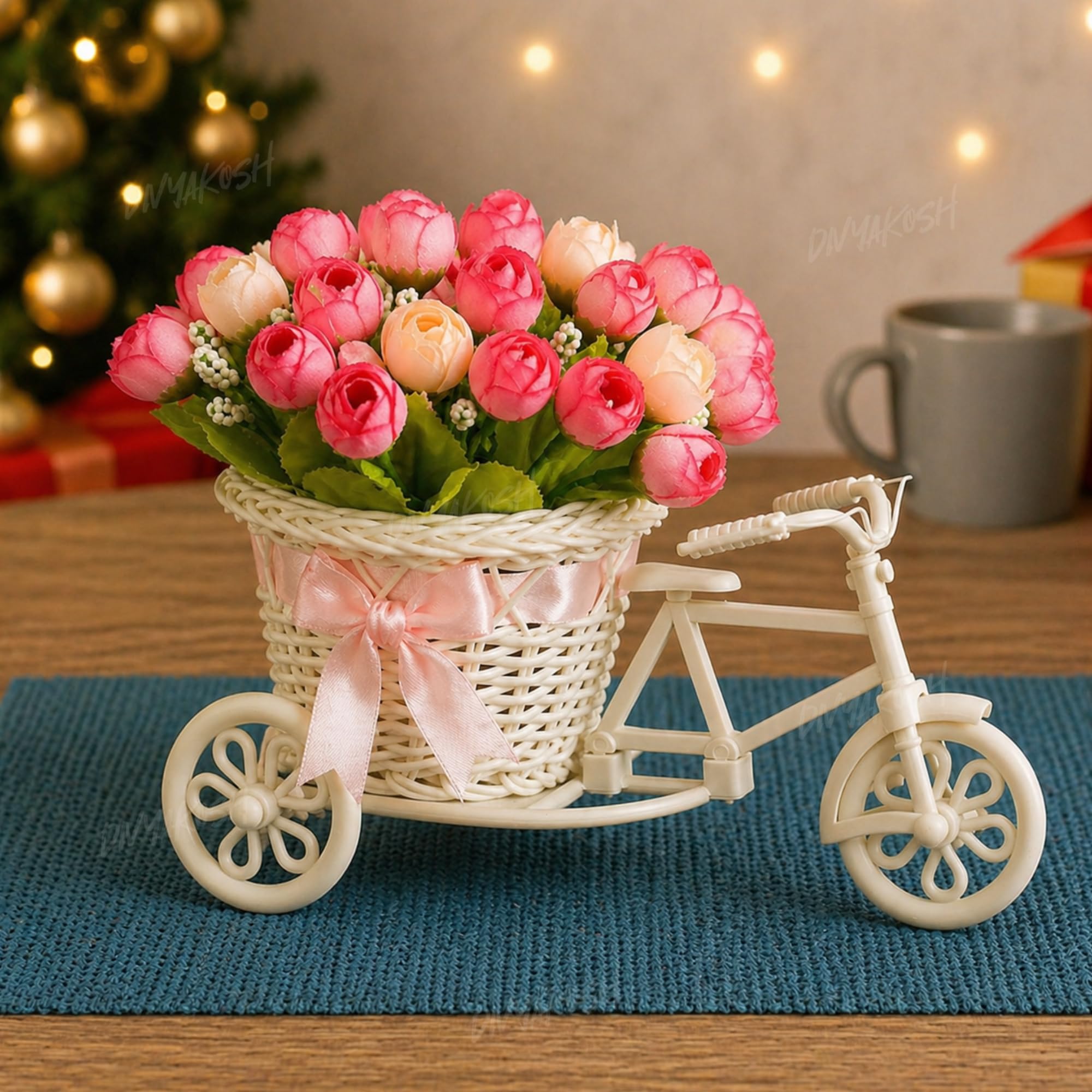 Divyakosh Artificial Flowers for Home Decoration, Flora for Décor | Artificial Flowers Bunch | Cycle Shape Flower Vase with Peonies Bunches for Center Table Living Room Office |