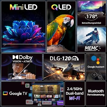 CHIQ TV 55 Inch (139 cm) 4K Mini LED Smart TV Wide Gamut MEMC&Local Dimming DLG 120Hz AirPlay & Chromecast Built-in Dolby Vision & Atmos Frameless M55QN9G