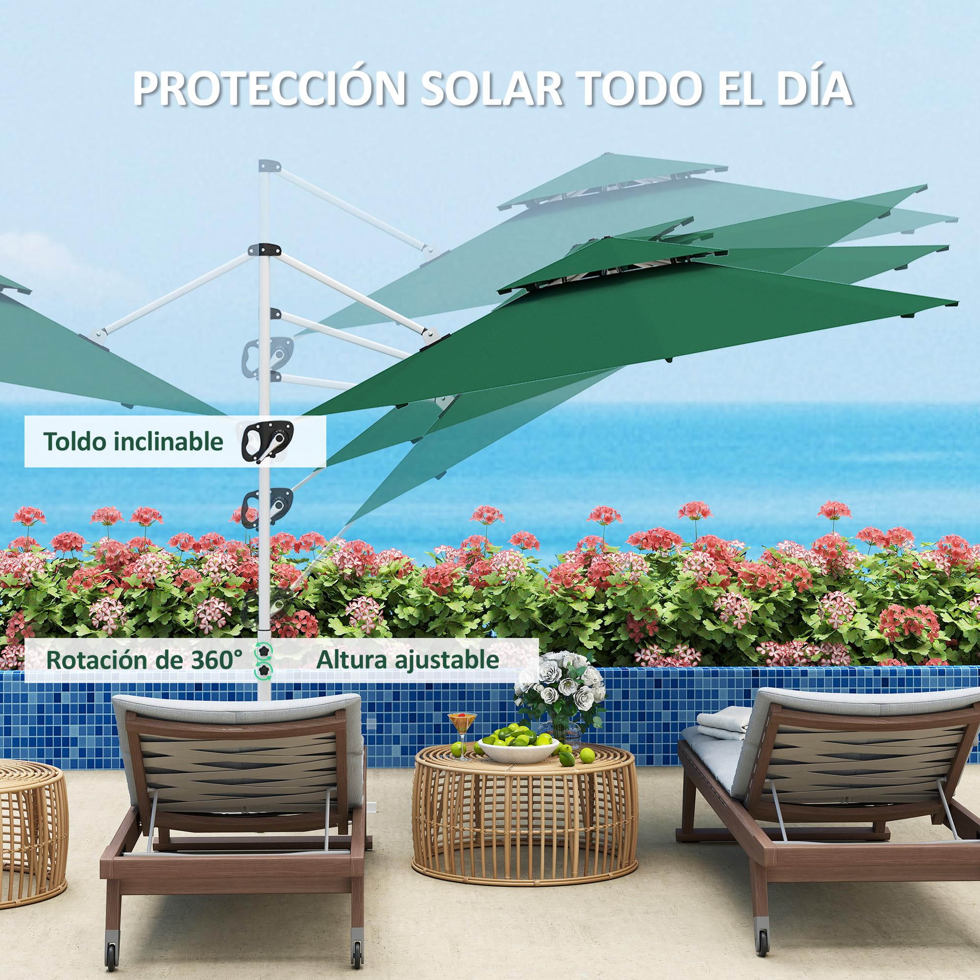 Outsunny Sombrilla de Jardín Ø292 cm Parasol Excéntrico con Manivela Giratorio 360° Inclinación Ajustable Doble Techo y Base Cruzada Sombrilla para Terraza Exterior Patio