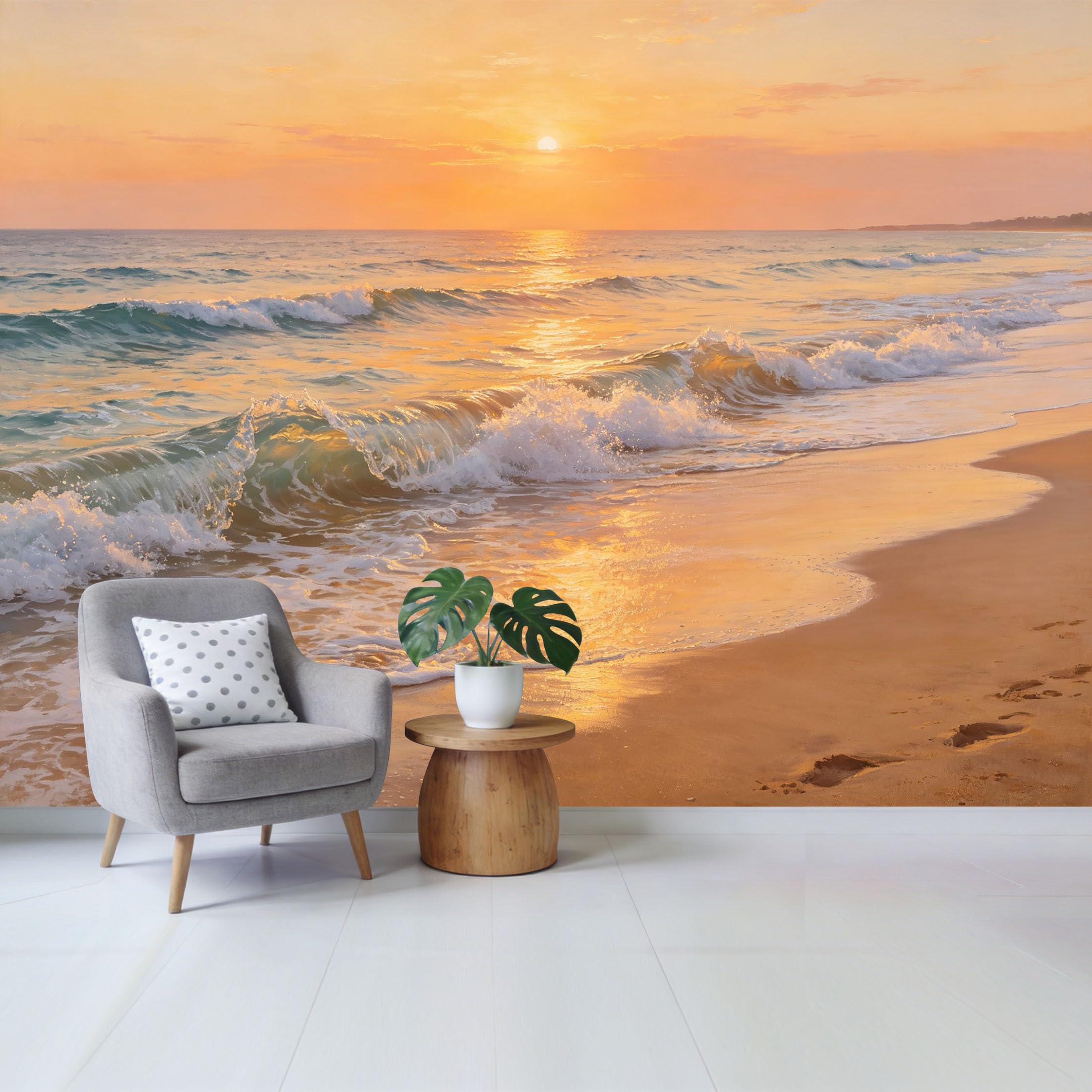 Qzlithotic Yq2605250903 Custom Size Wall Mural Golden Sunset Ocean Wave Coastal Seascape Oil Painting Selfadhesive Wall Fabric Removable Wallpaper For Home Office Decor