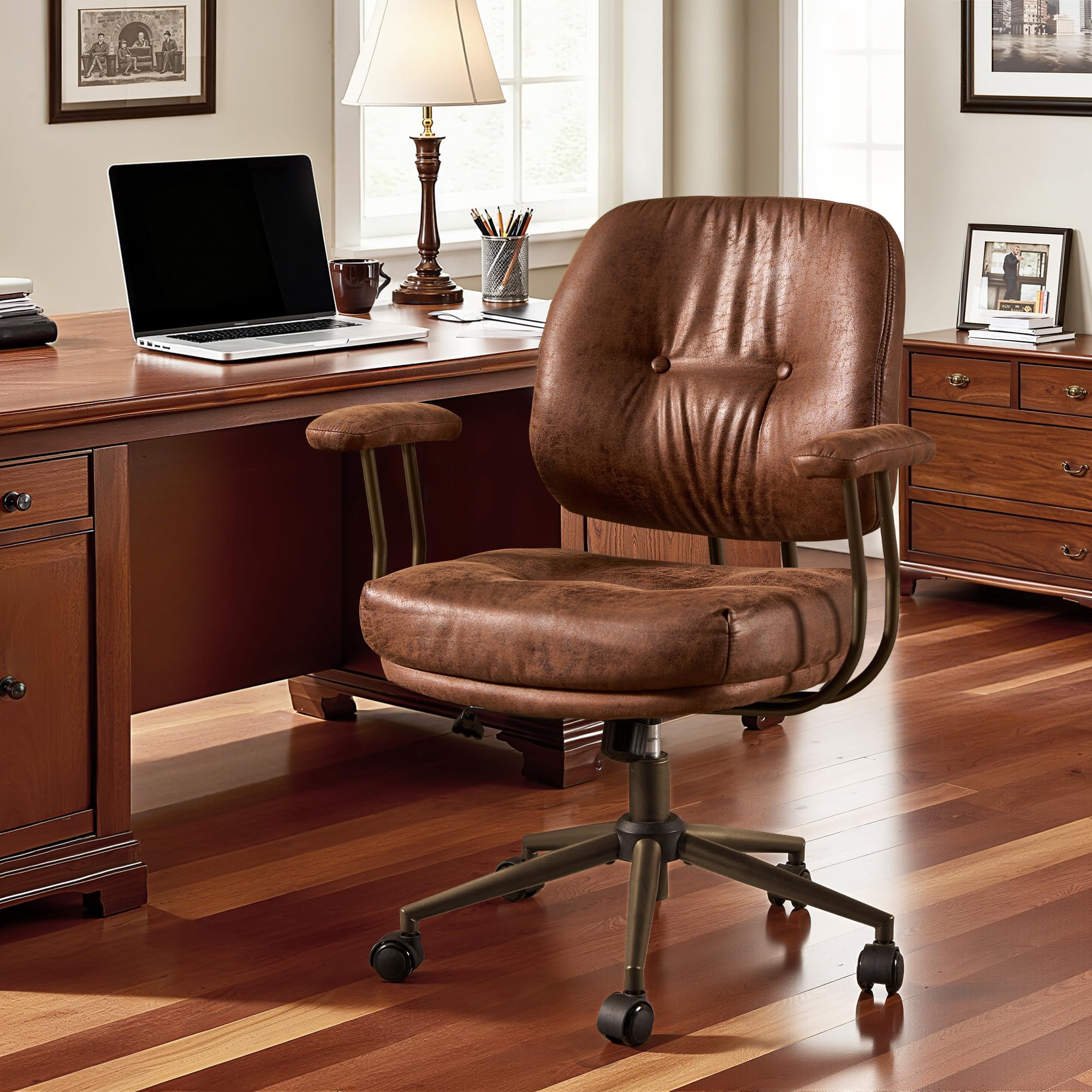 Brown Leather Home Office Chair, Mid Back Ergonomic Desk Chair with Lumbar Support, Mid Century Modern Deep Seat Swivel Rocking Computer Chair, Dark Brown Suede